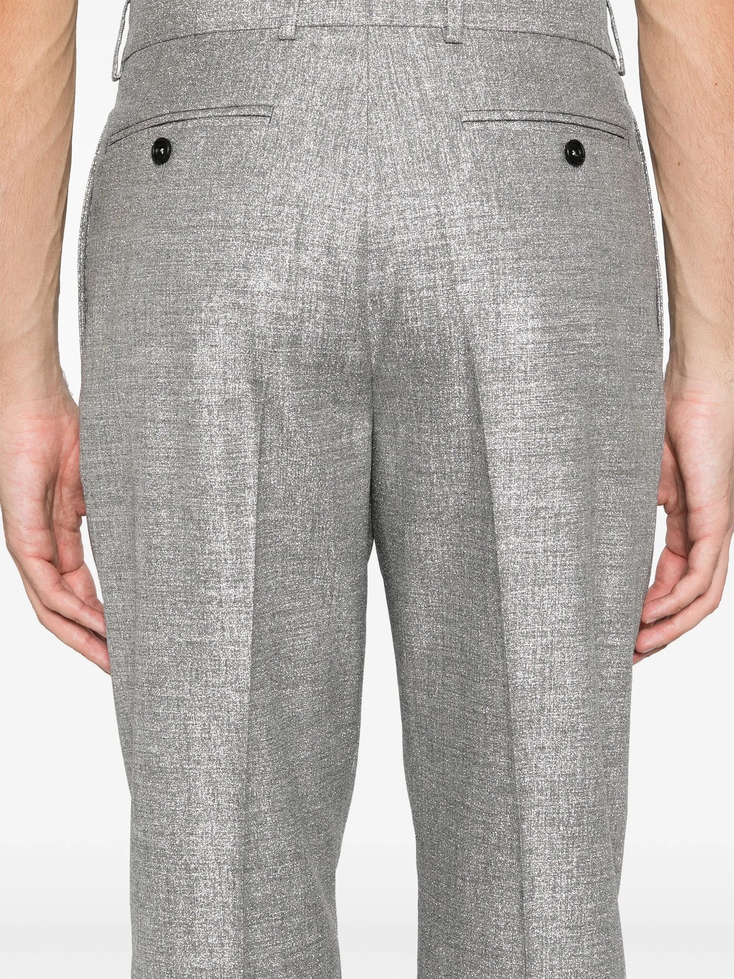 metallic-finish trousers