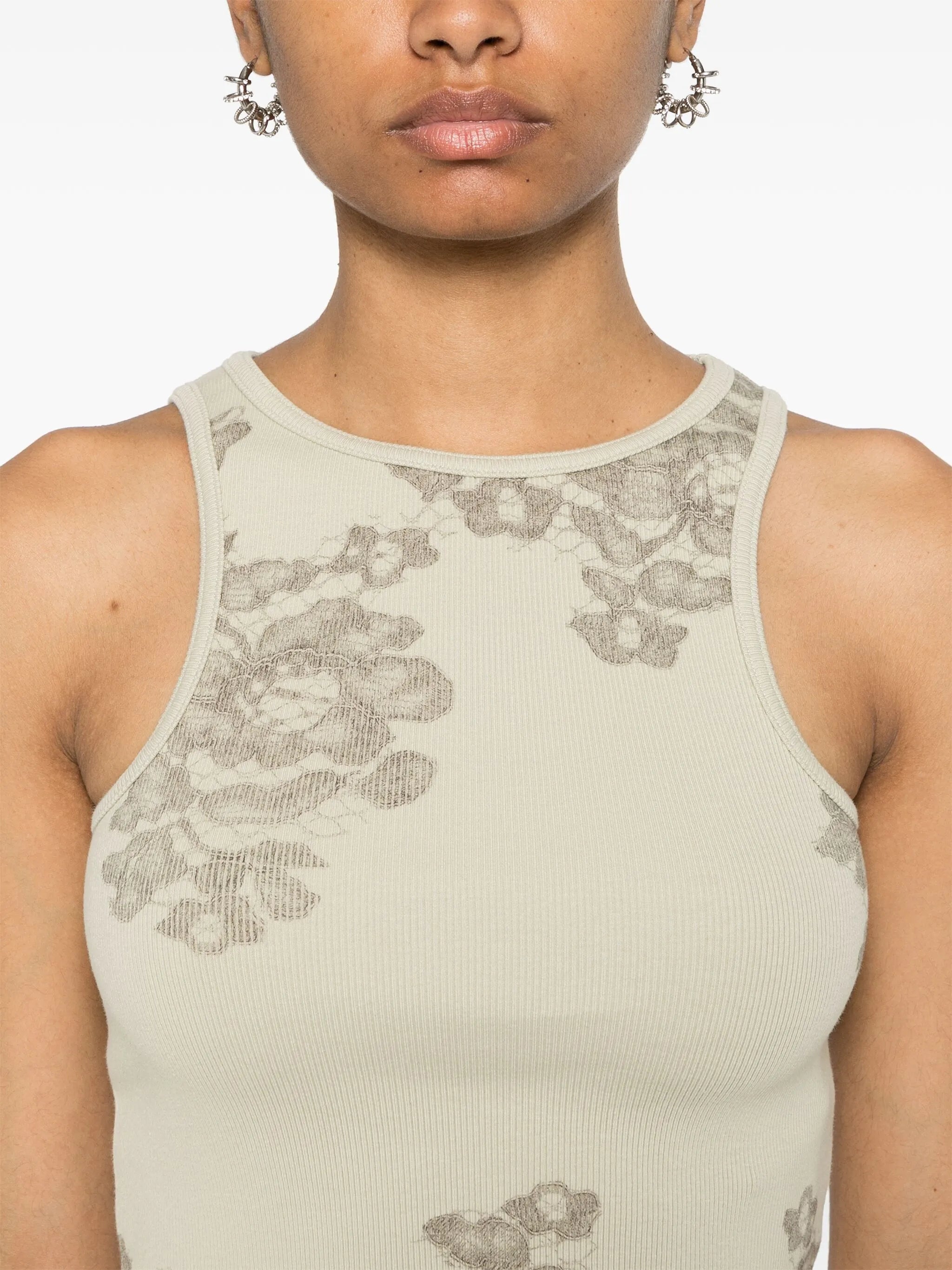 lace-print ribbed tank top