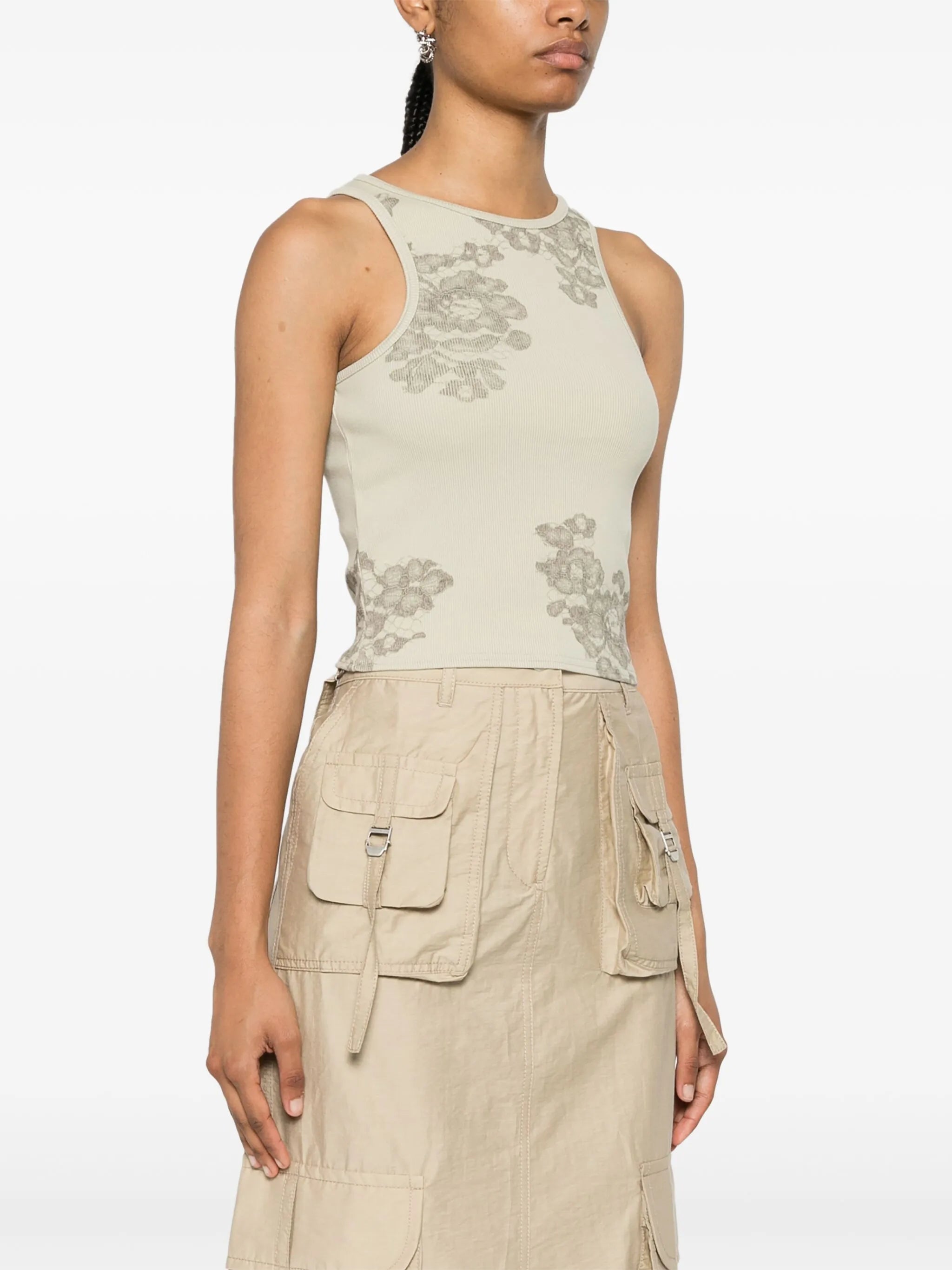lace-print ribbed tank top