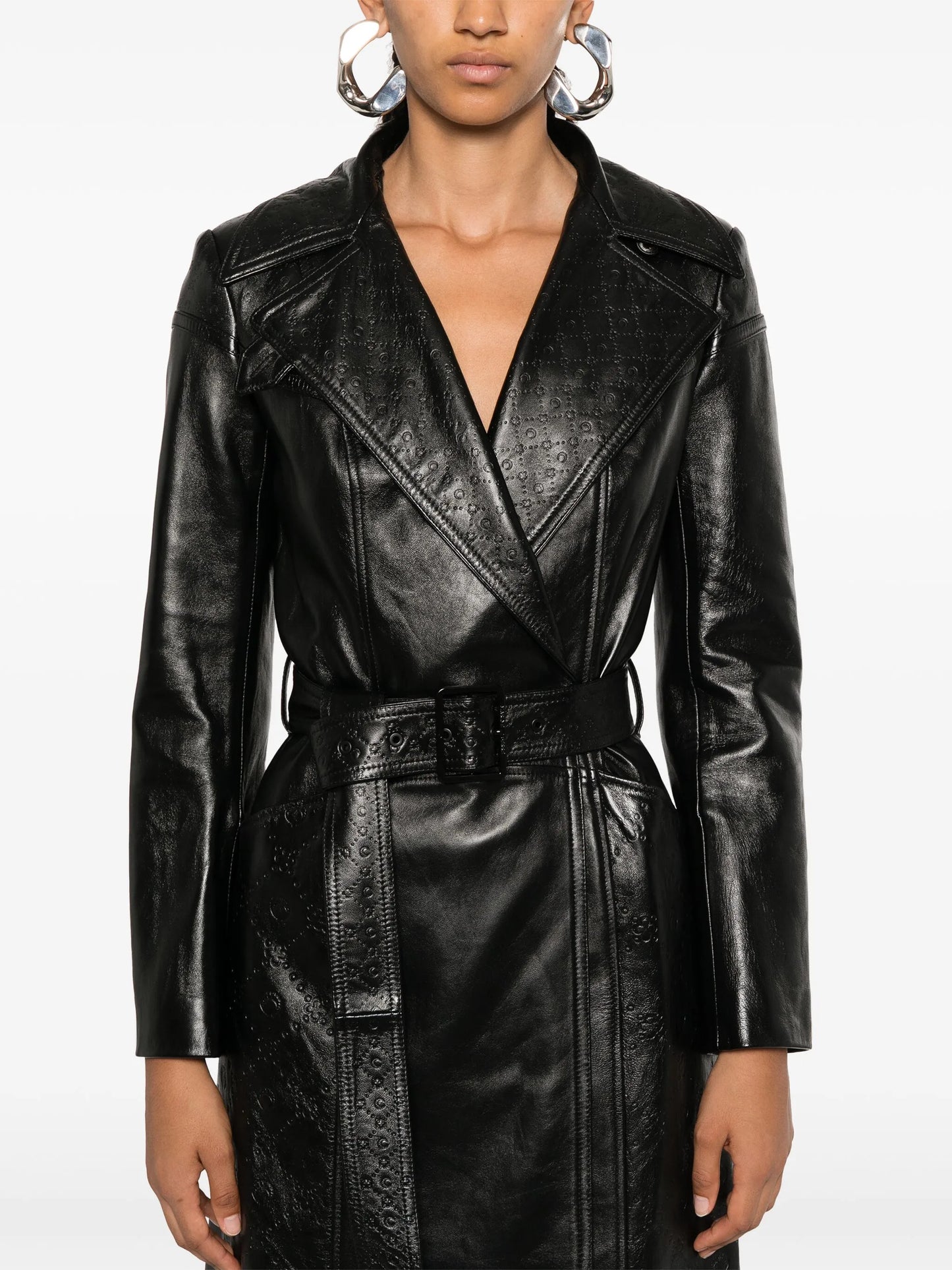 Moonogram leather trench coat