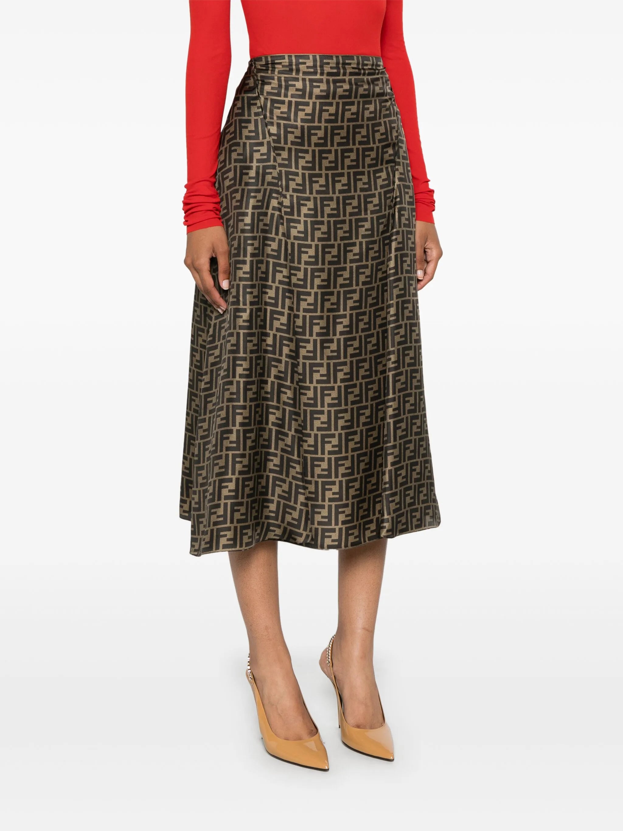 FF-pattern print midi skirt