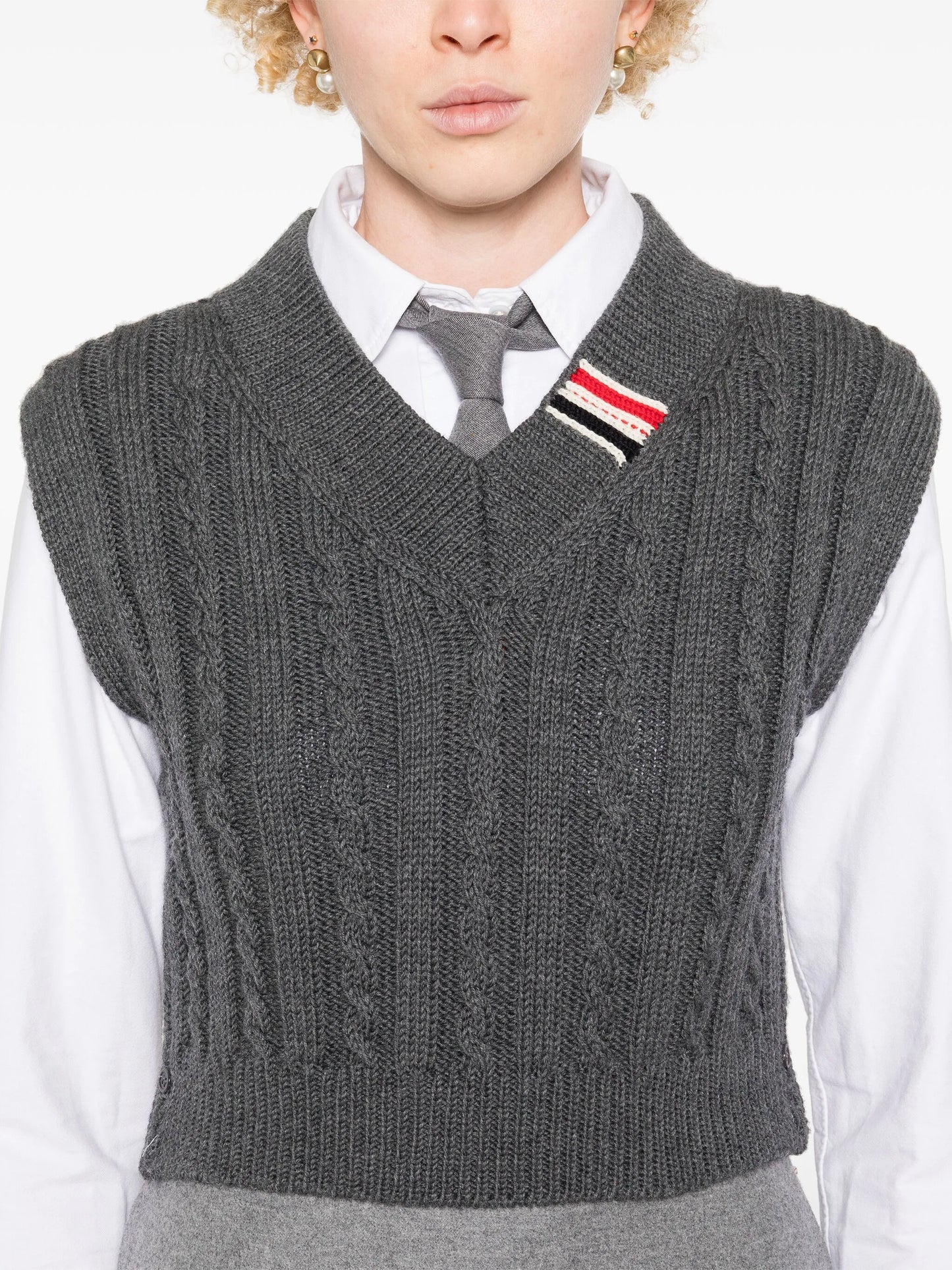cable cropped V-neck pullover
