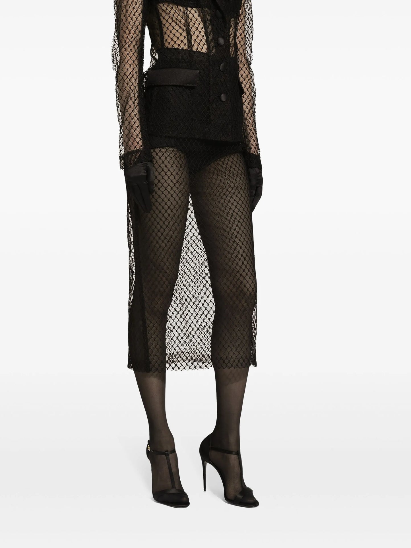 mesh calf-length pencil skirt