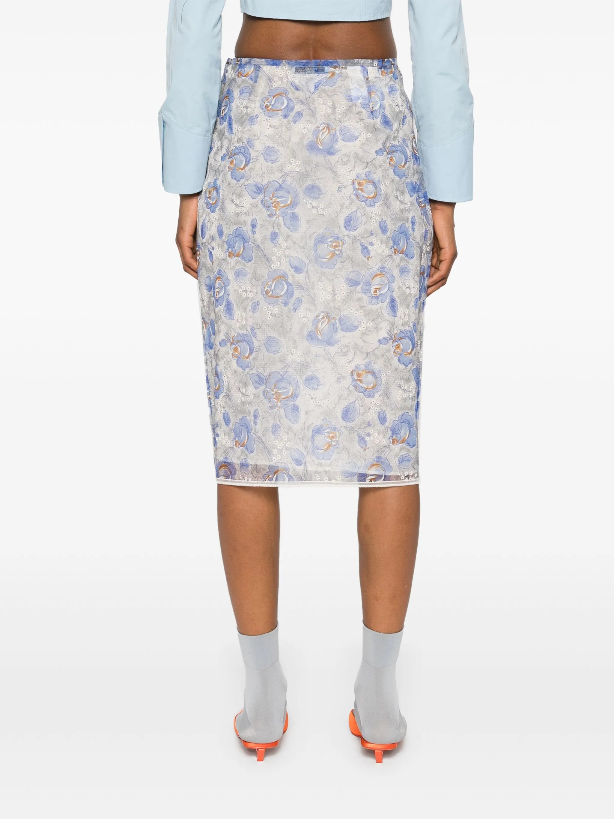 floral-print sheer pencil skirt
