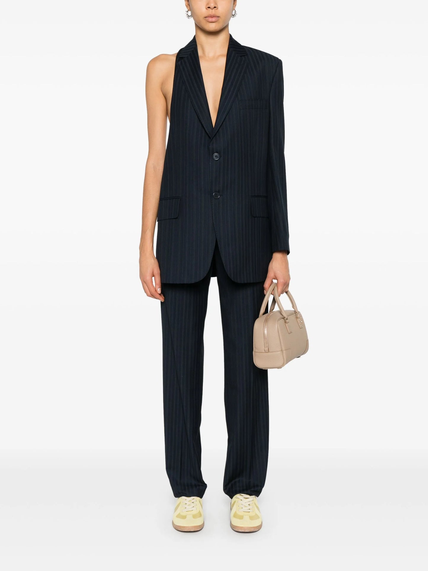 pinstriped tailored straight trousers