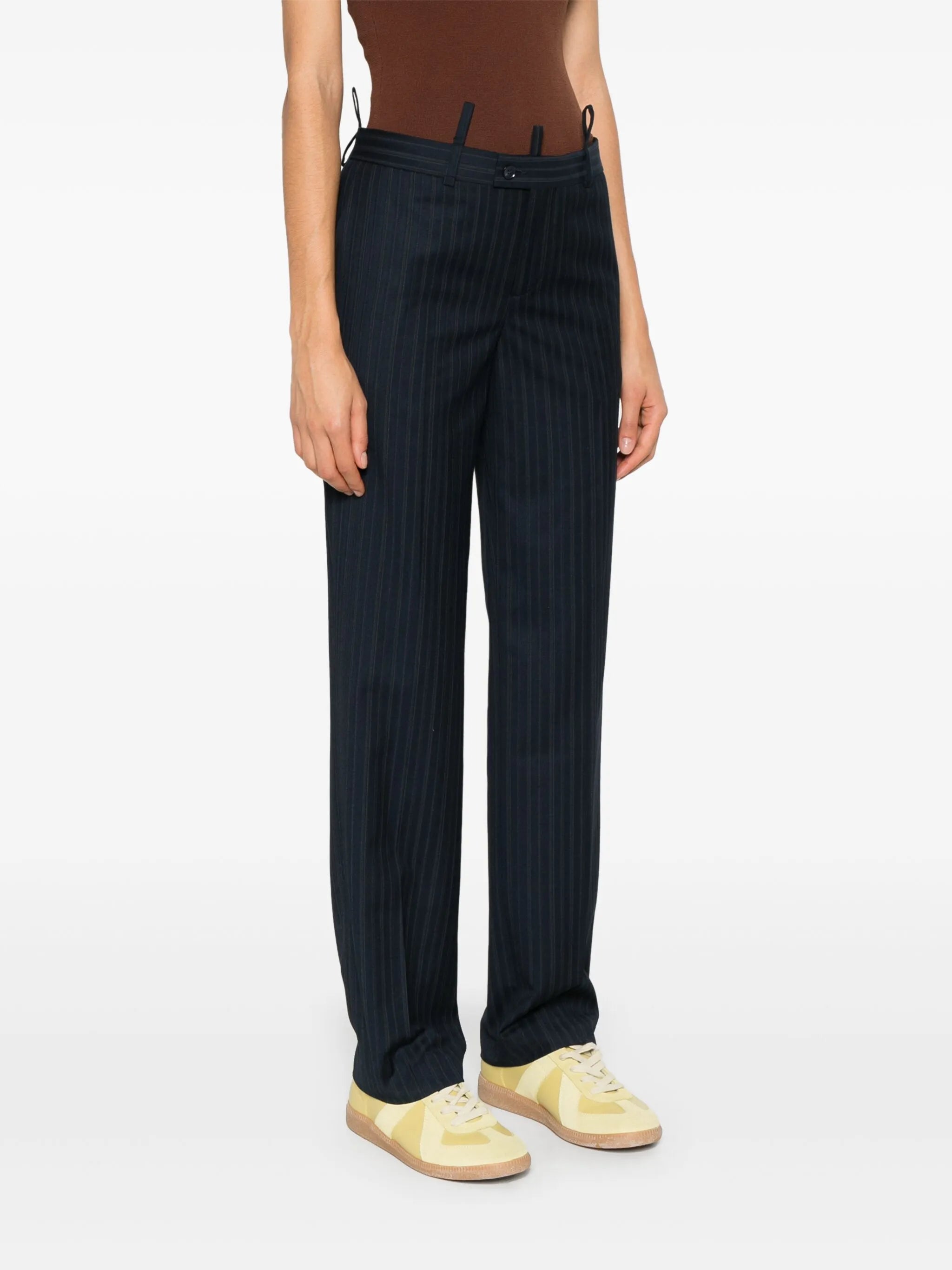 pinstriped tailored straight trousers