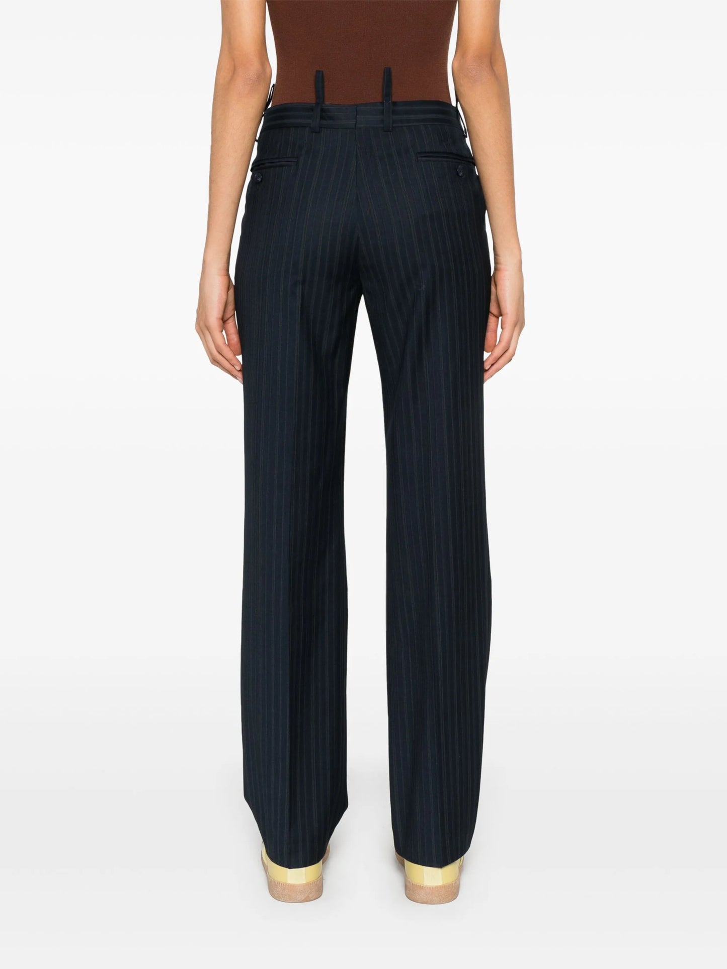 pinstriped tailored straight trousers