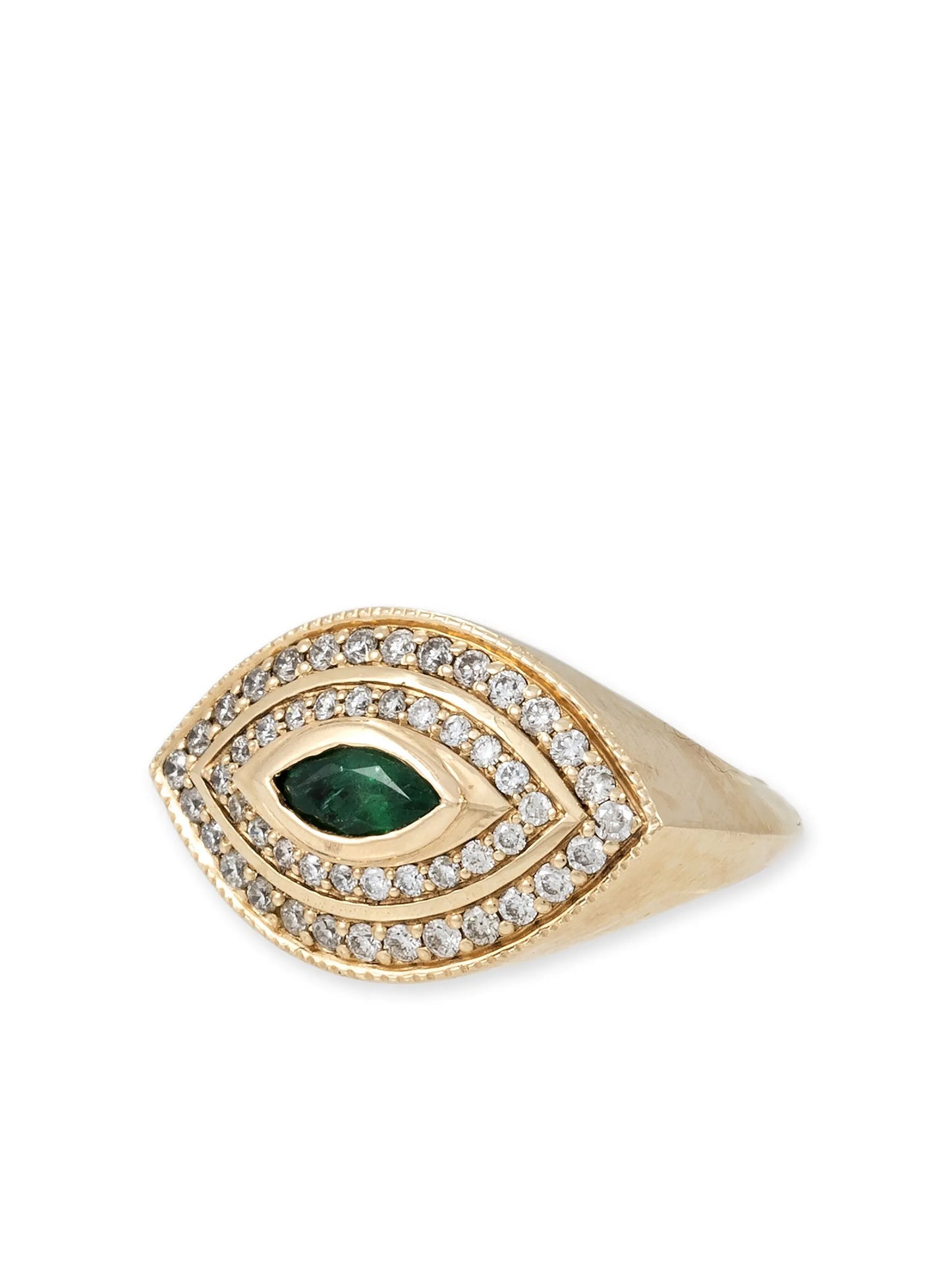 14kt yellow gold Halo Eye diamond and emerald ring