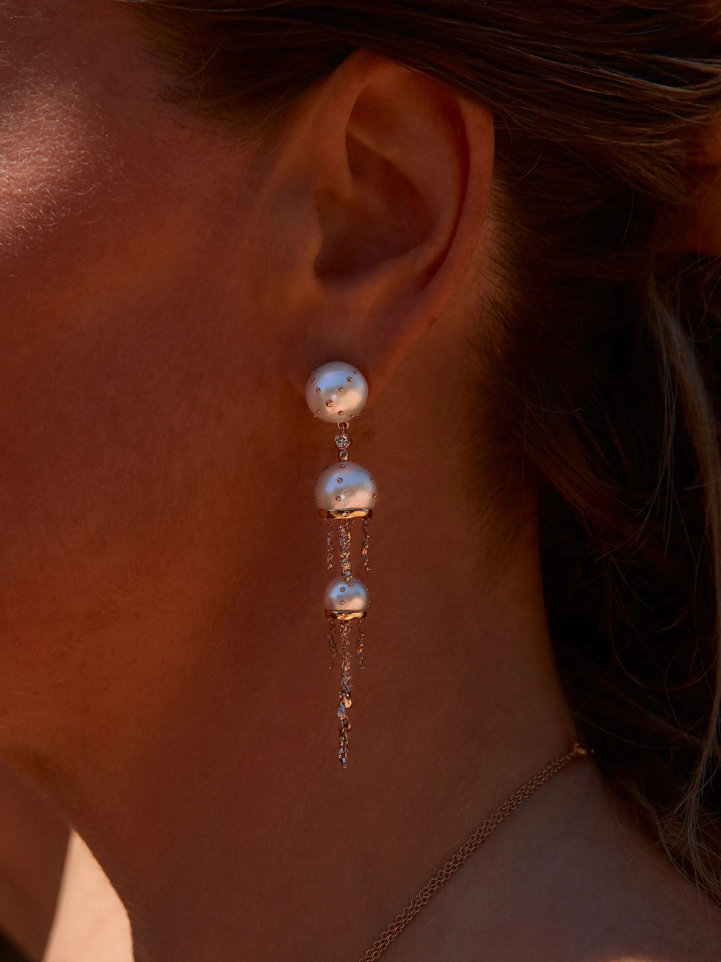 jellyfish white pearls drop earrings with diamonds