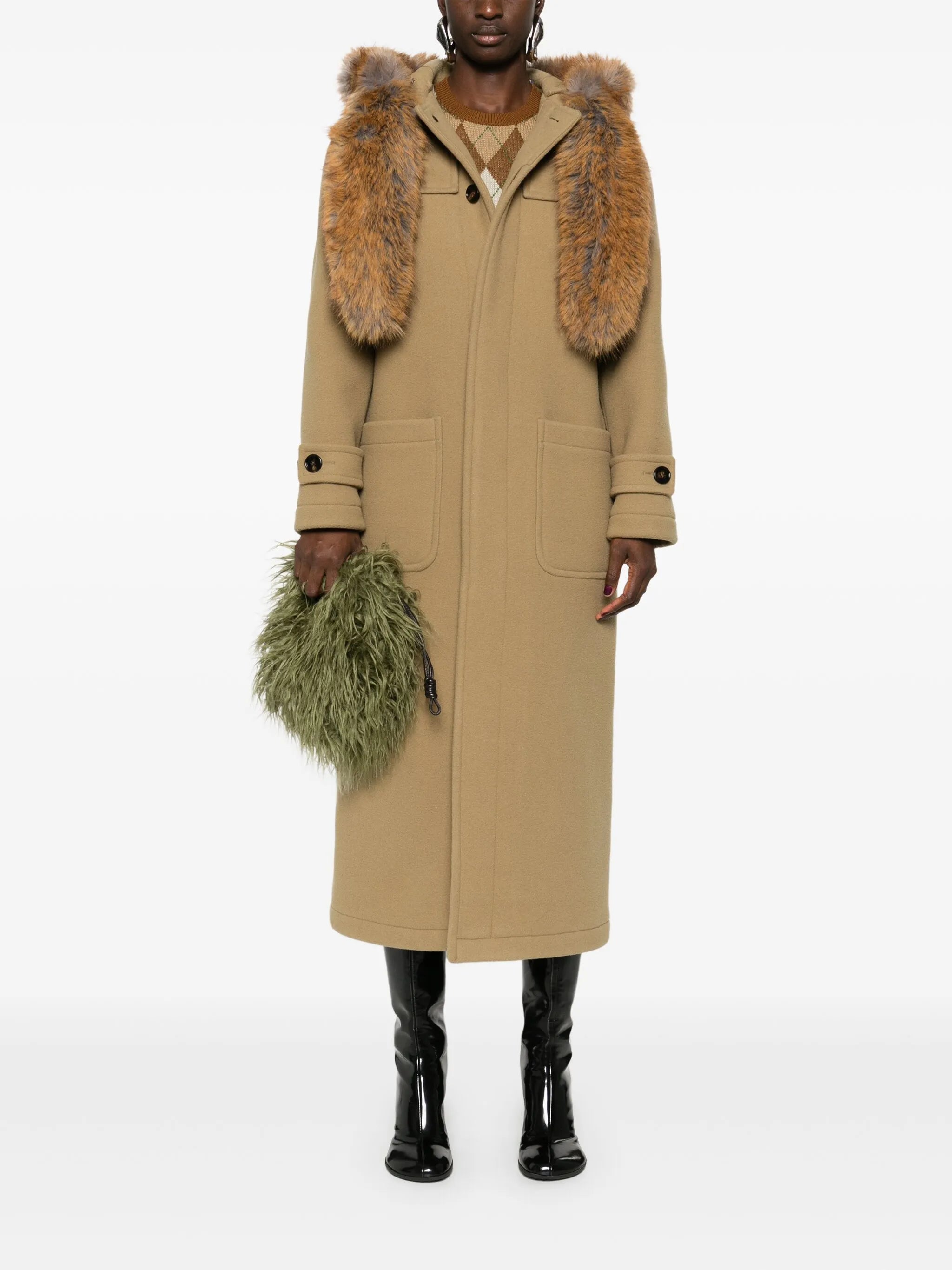 faux-fur trim wool coat