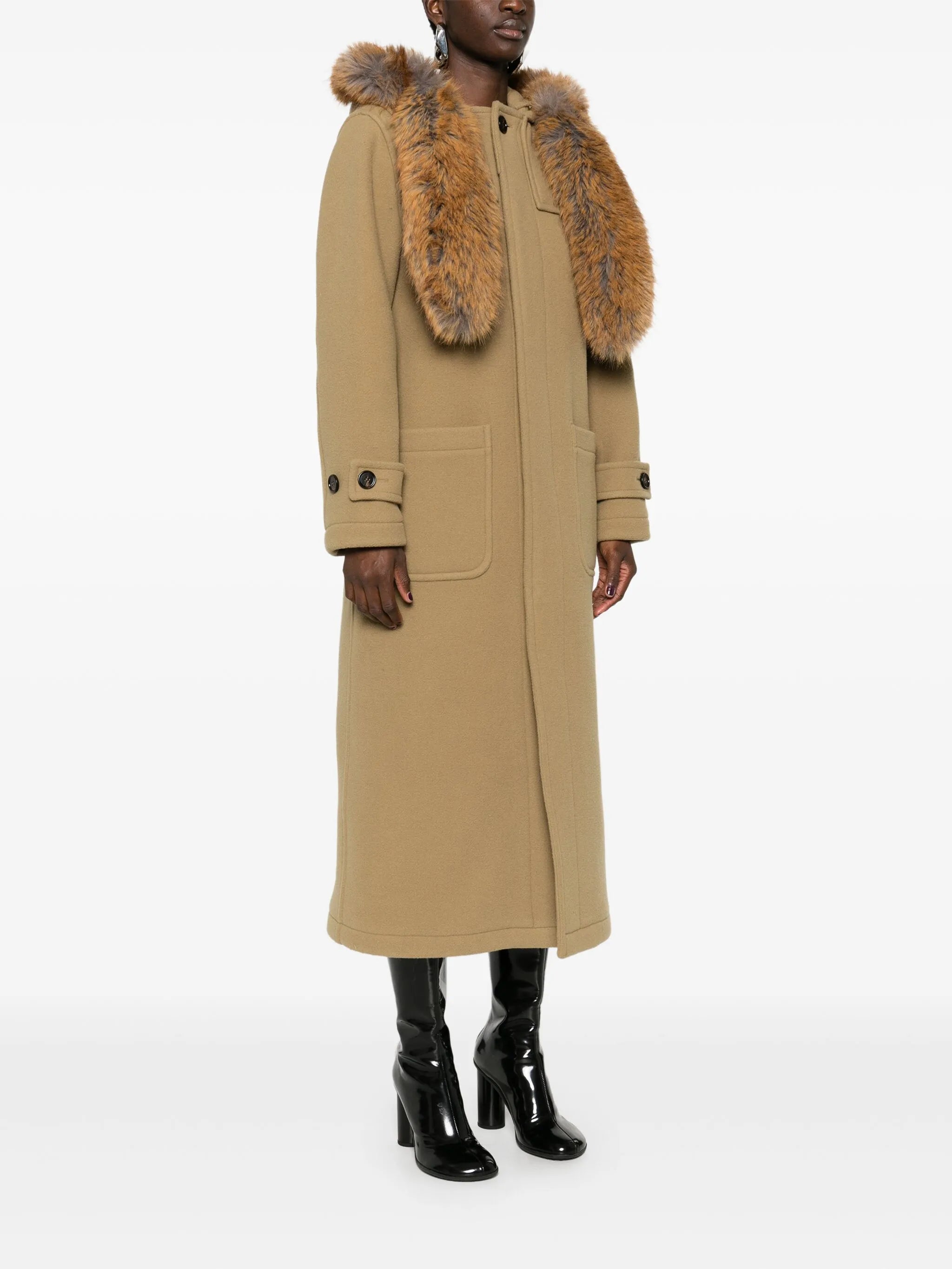 faux-fur trim wool coat