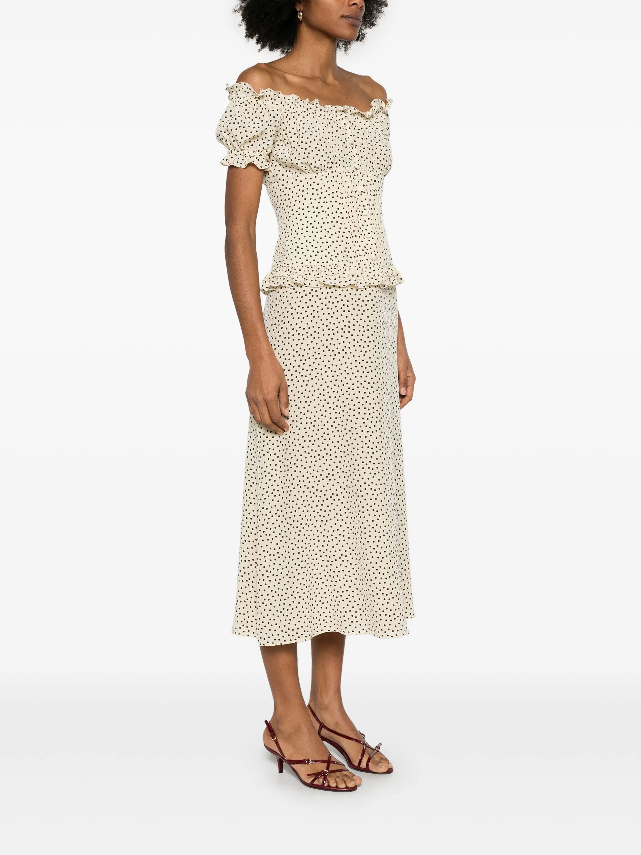 polka-dot off-shoulder midi dress