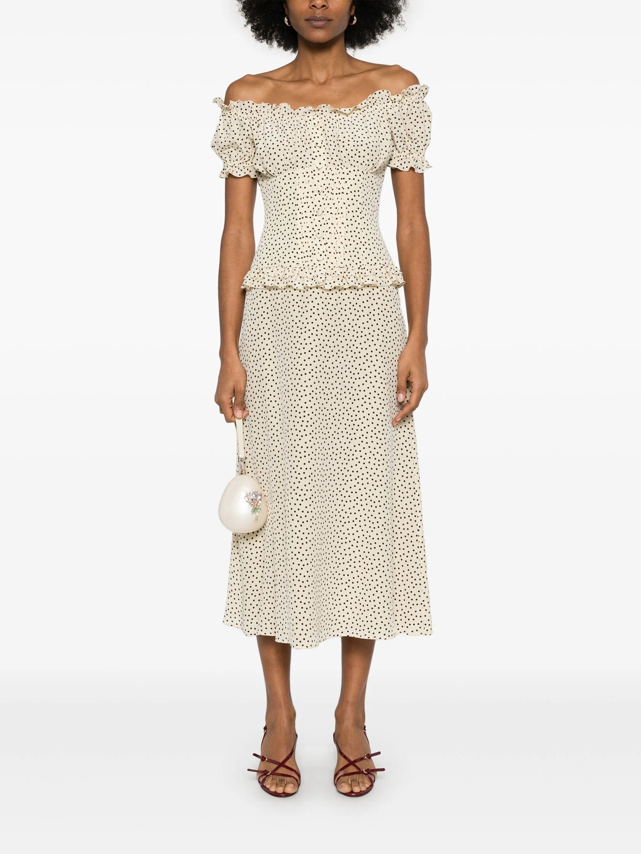 polka-dot off-shoulder midi dress