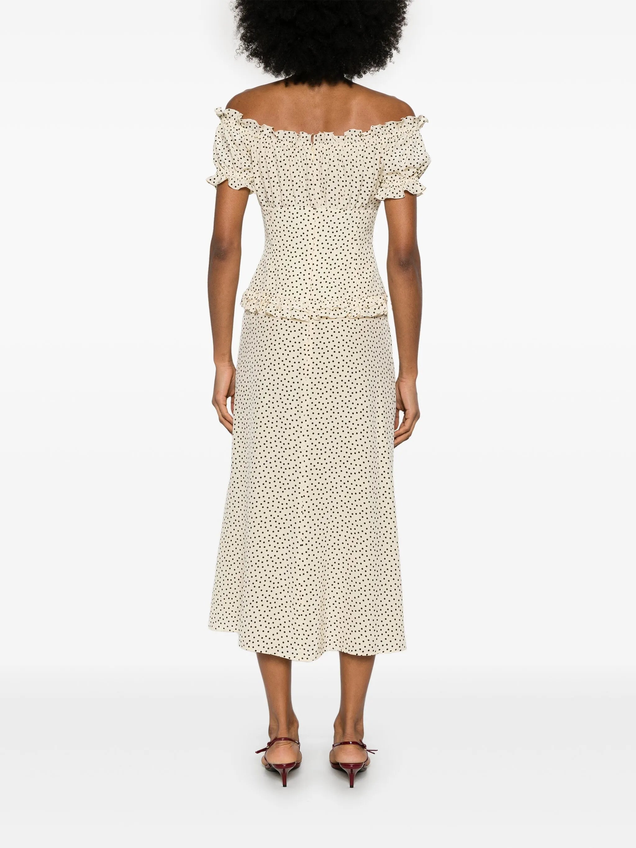 polka-dot off-shoulder midi dress