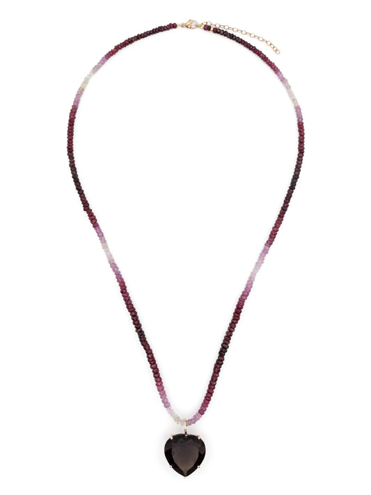 14kt yellow gold Heart-pendant ruby and smoky quartz necklace