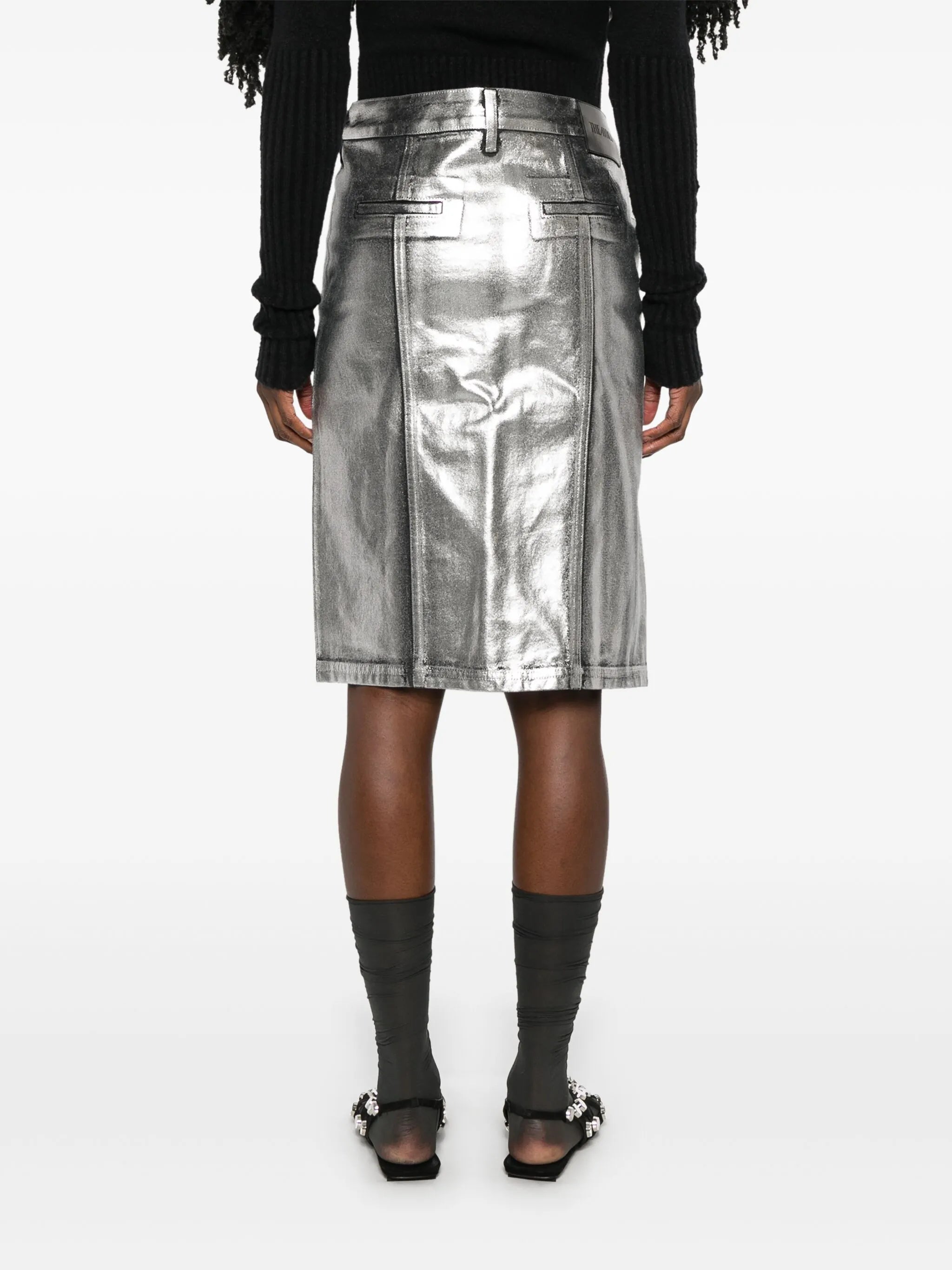 coated denim midi skirt