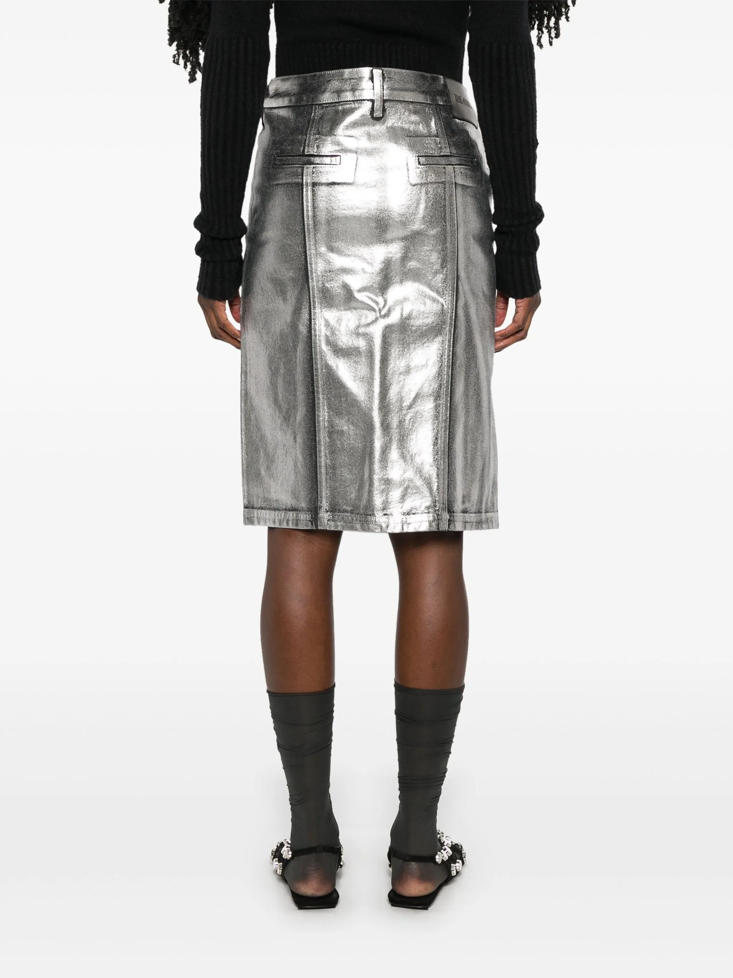 coated denim midi skirt