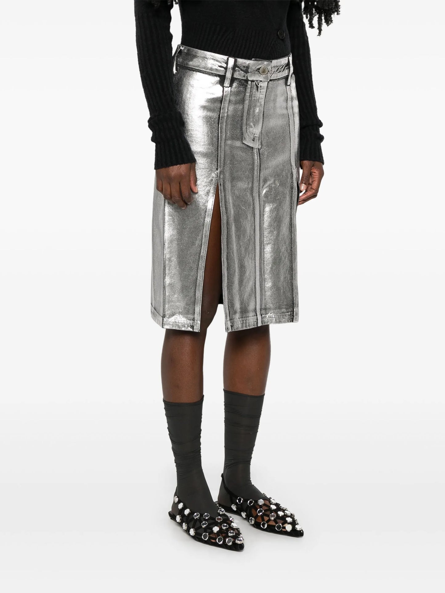 coated denim midi skirt