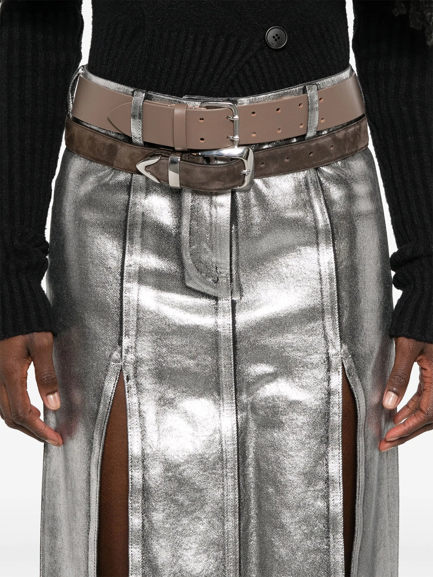 coated denim midi skirt