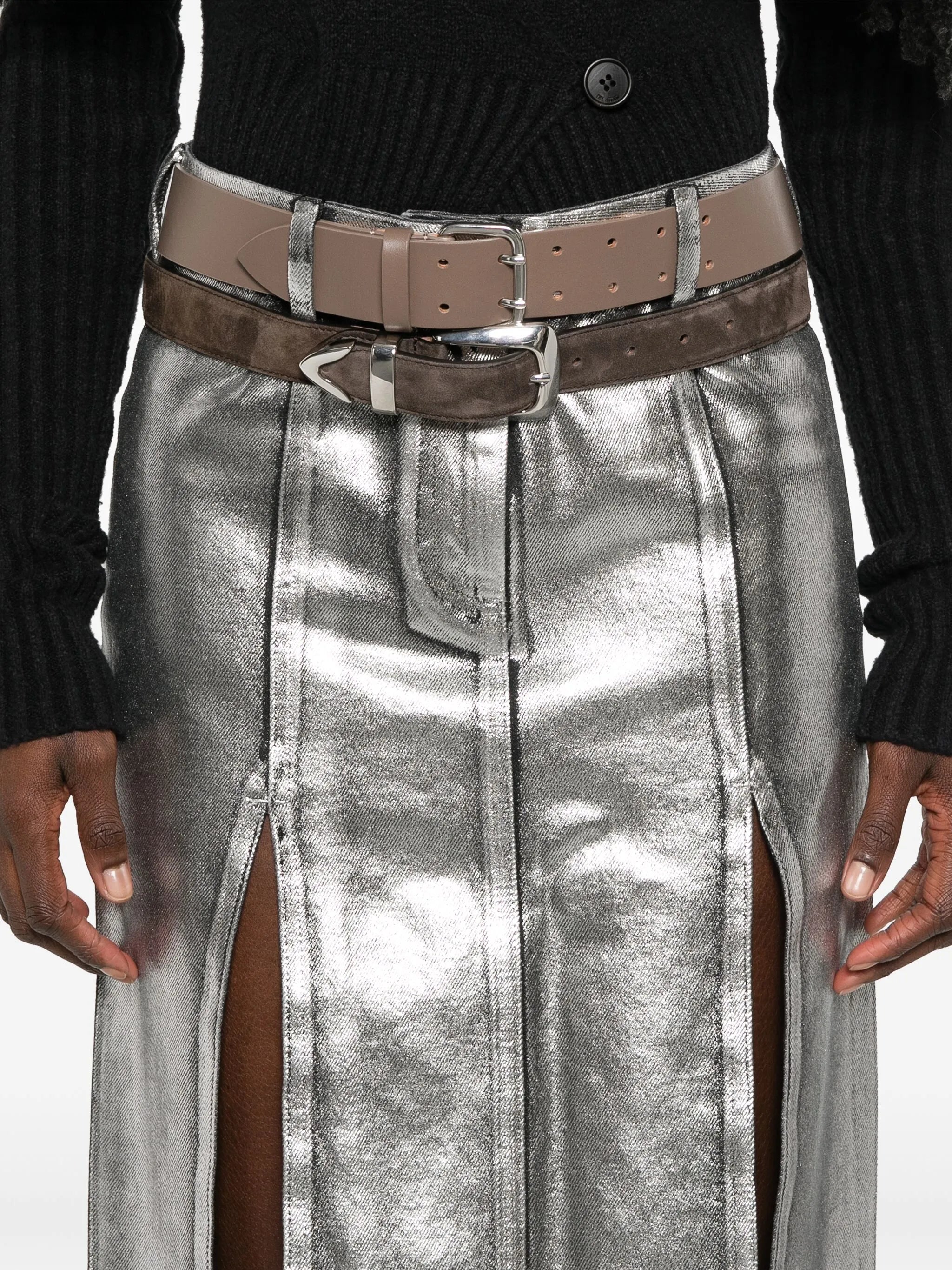 coated denim midi skirt