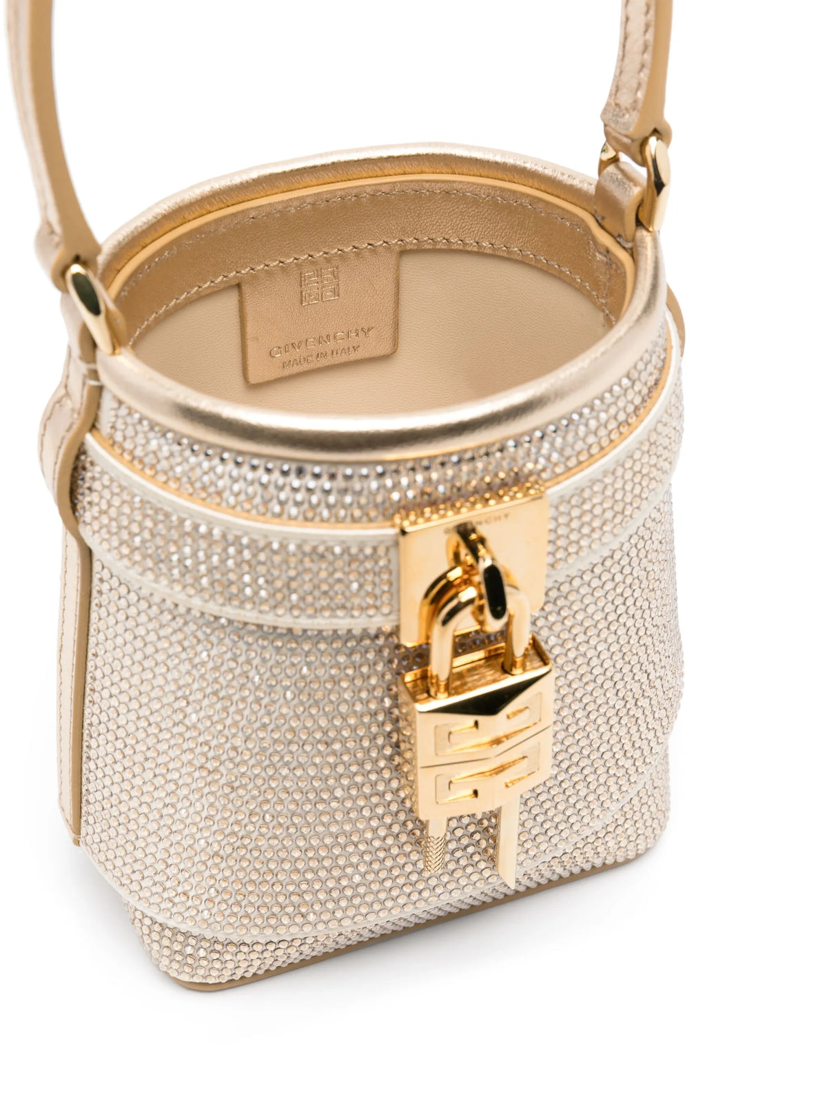 micro Shark Lock bucket bag in satin with strass