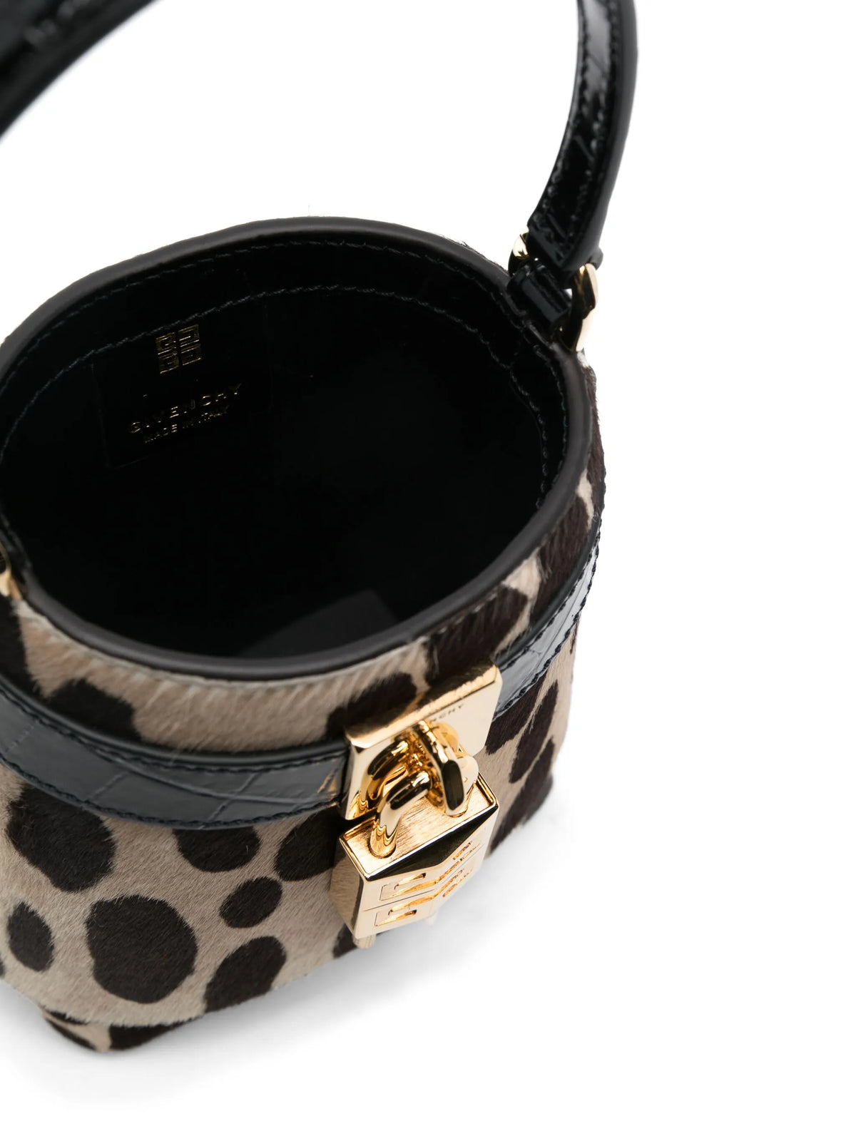 Micro Shark Lock bucket bag in leopard print pony leather