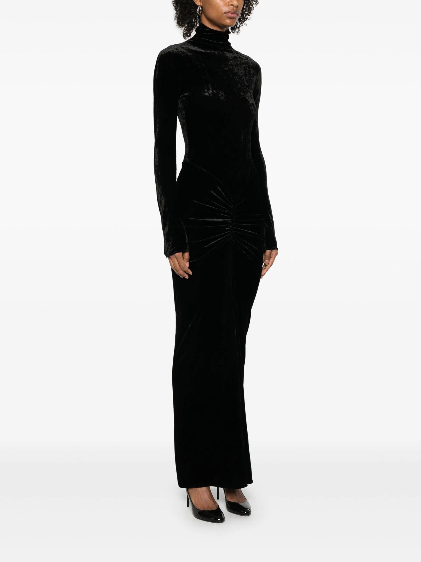 velvet draped maxi dress
