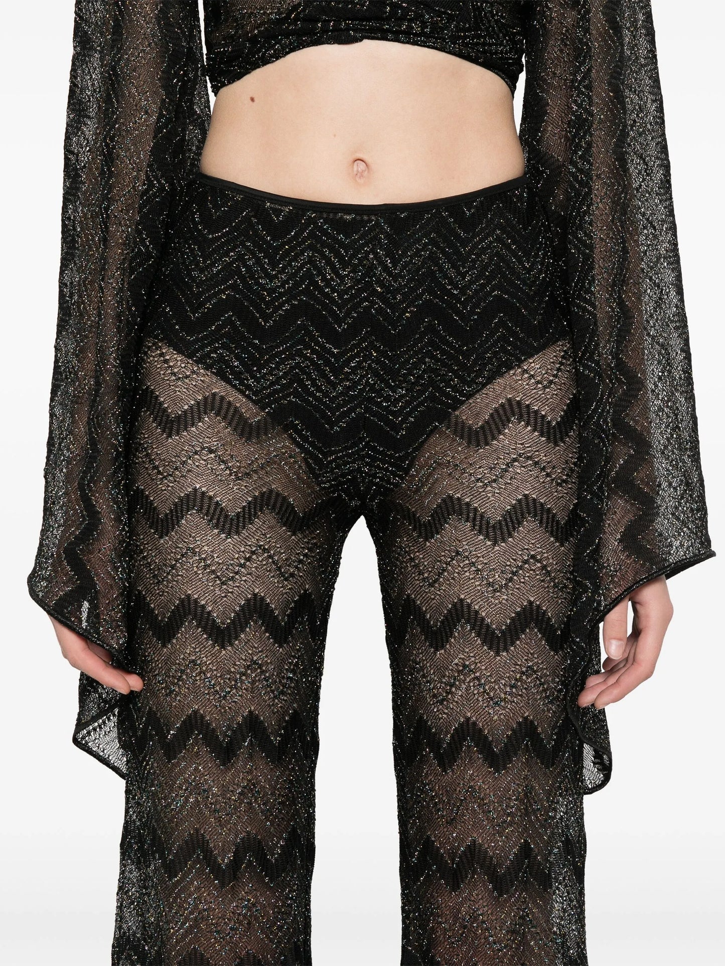 crochet-knit flared trousers