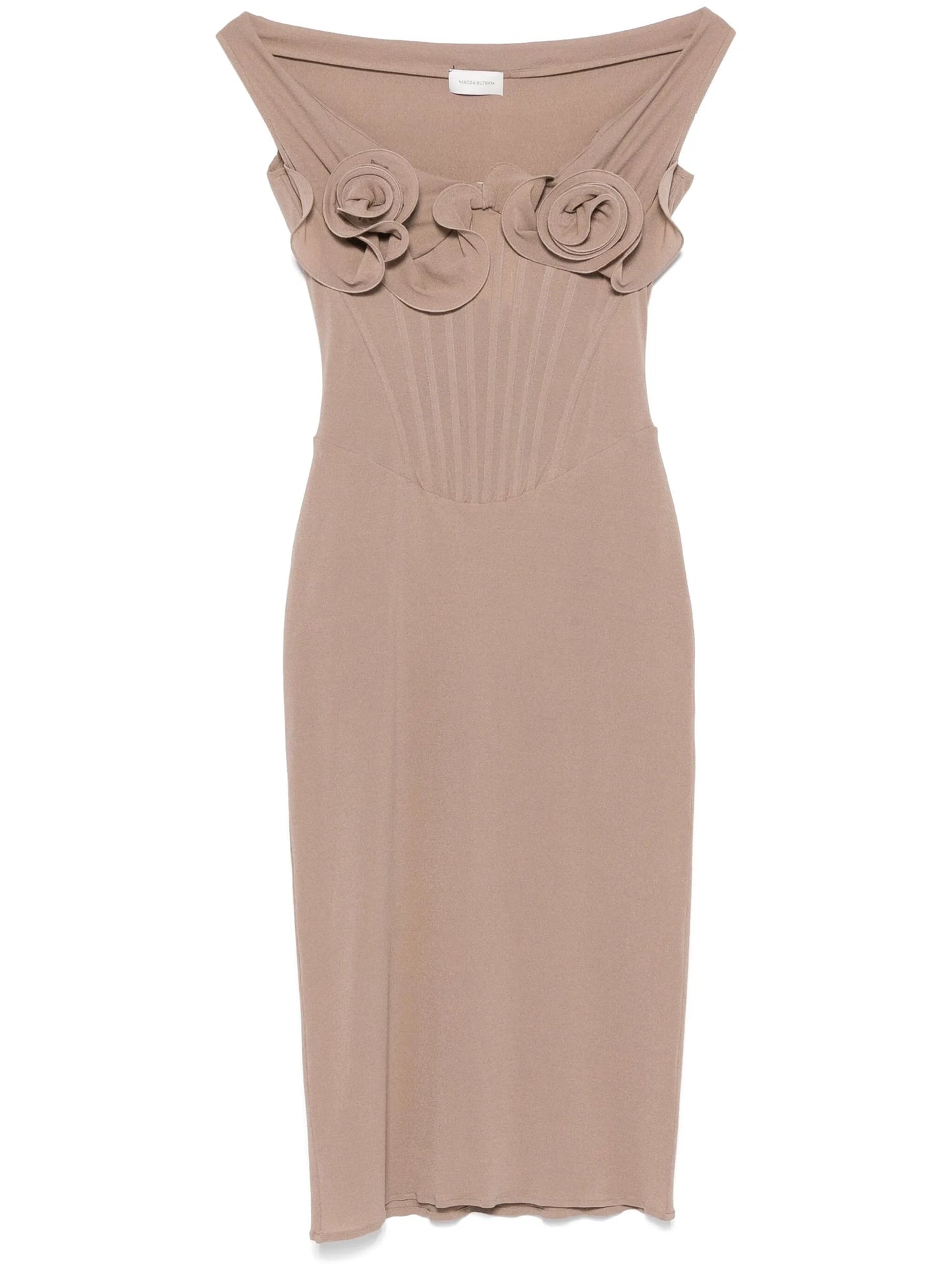 rose-appliqué corset midi dress