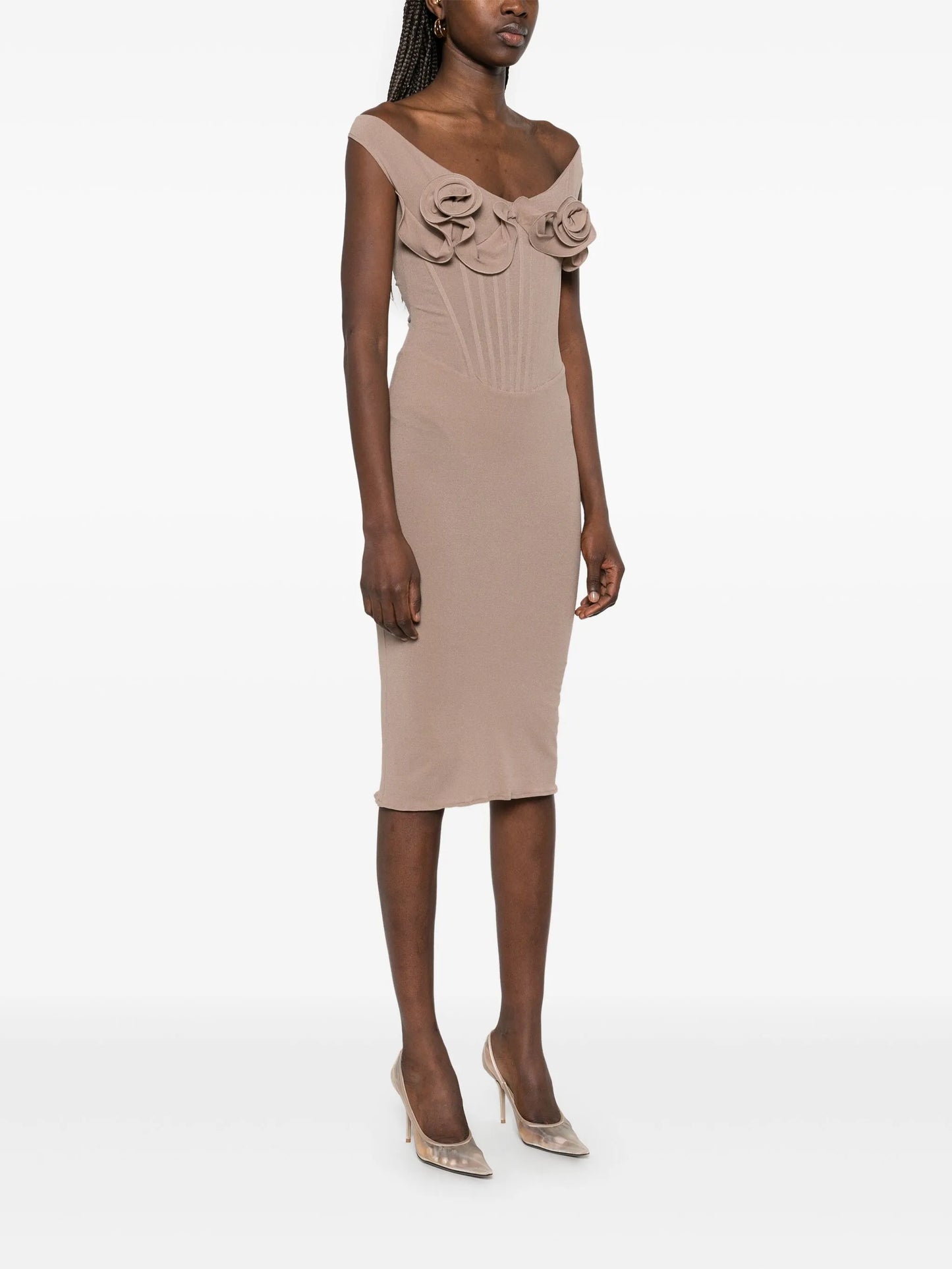 rose-appliqué corset midi dress