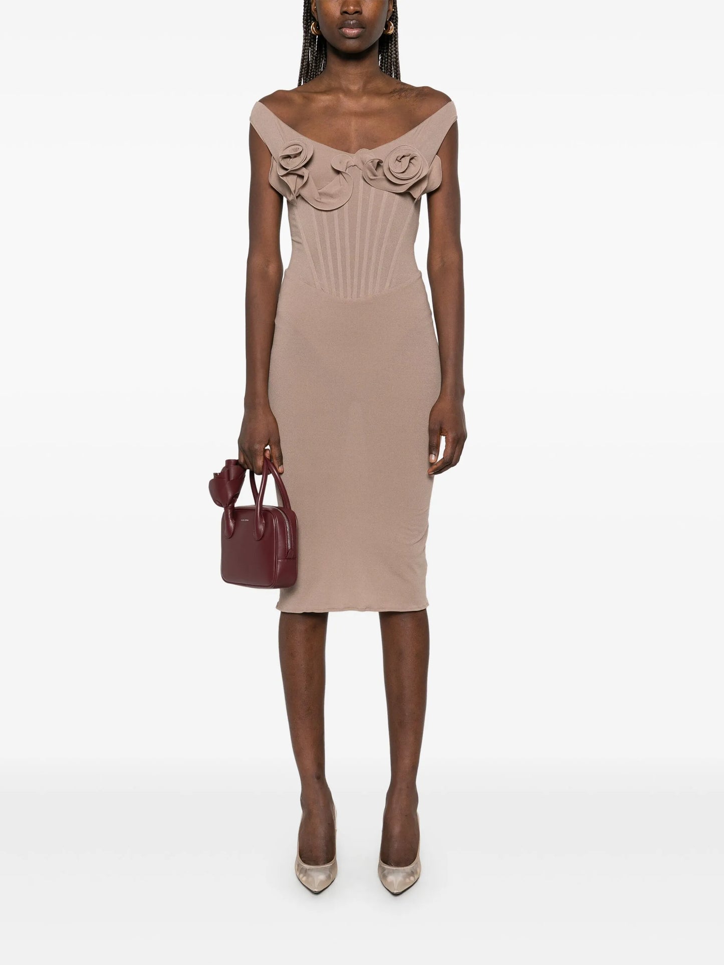 rose-appliqué corset midi dress