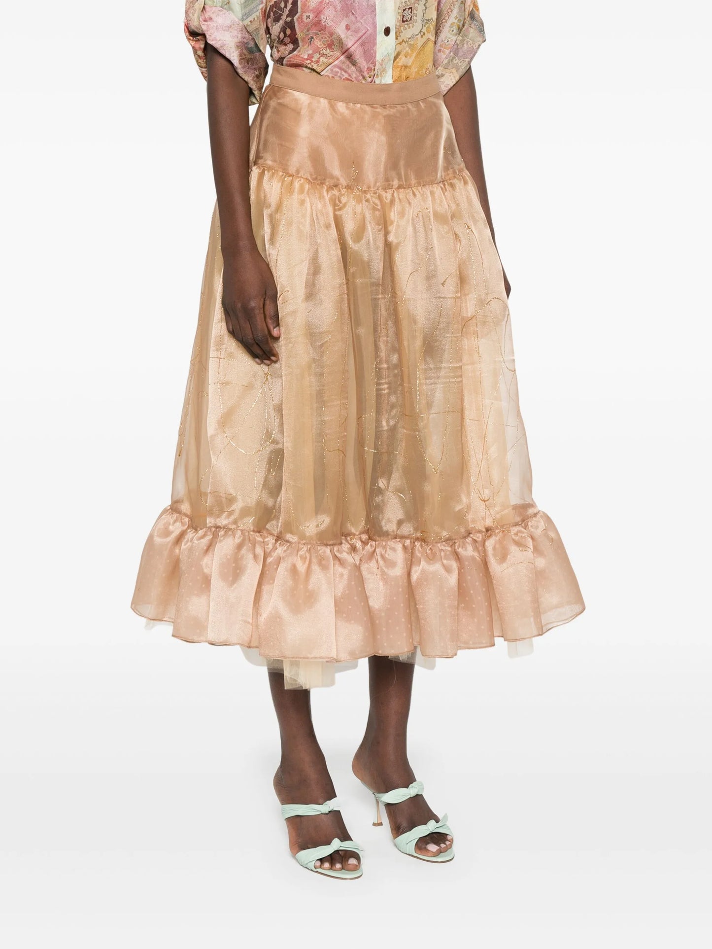 metallic-threading midi skirt