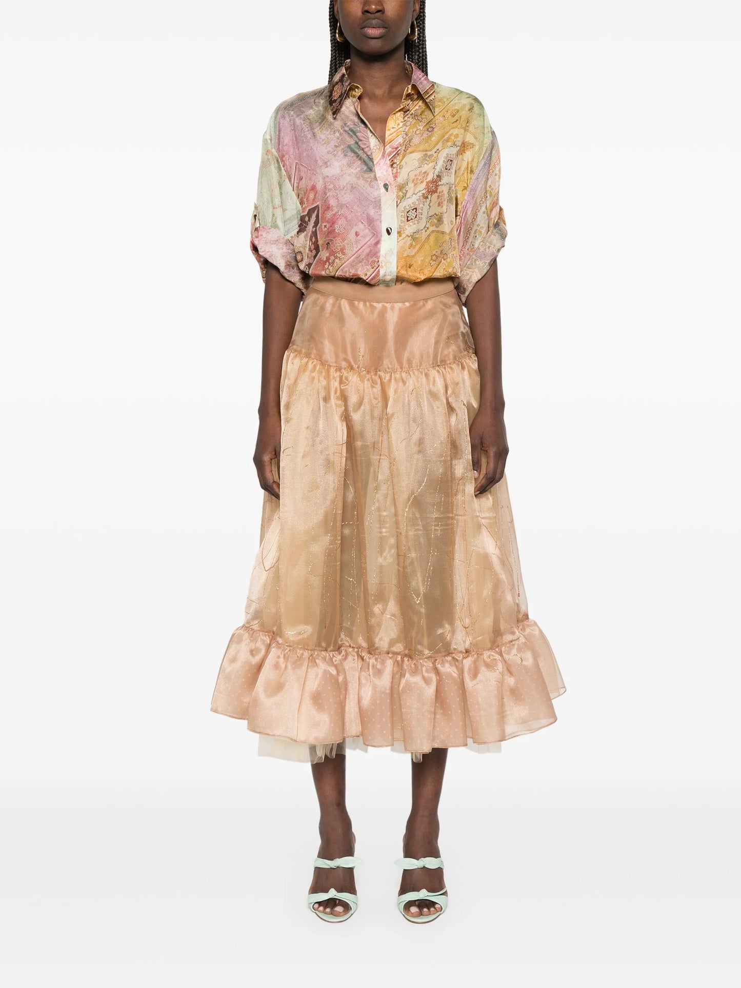 metallic-threading midi skirt