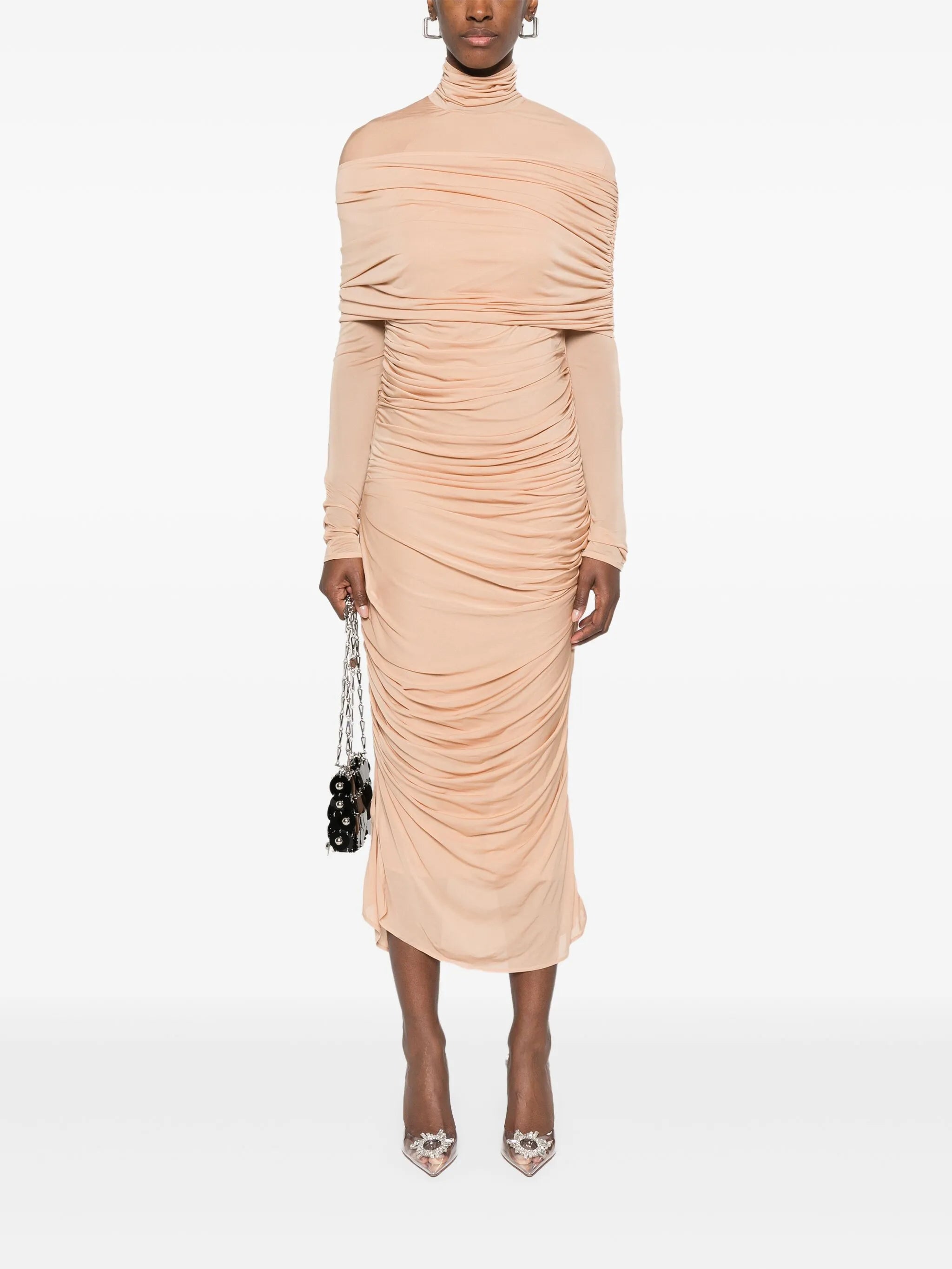 ruched sheer midi dress