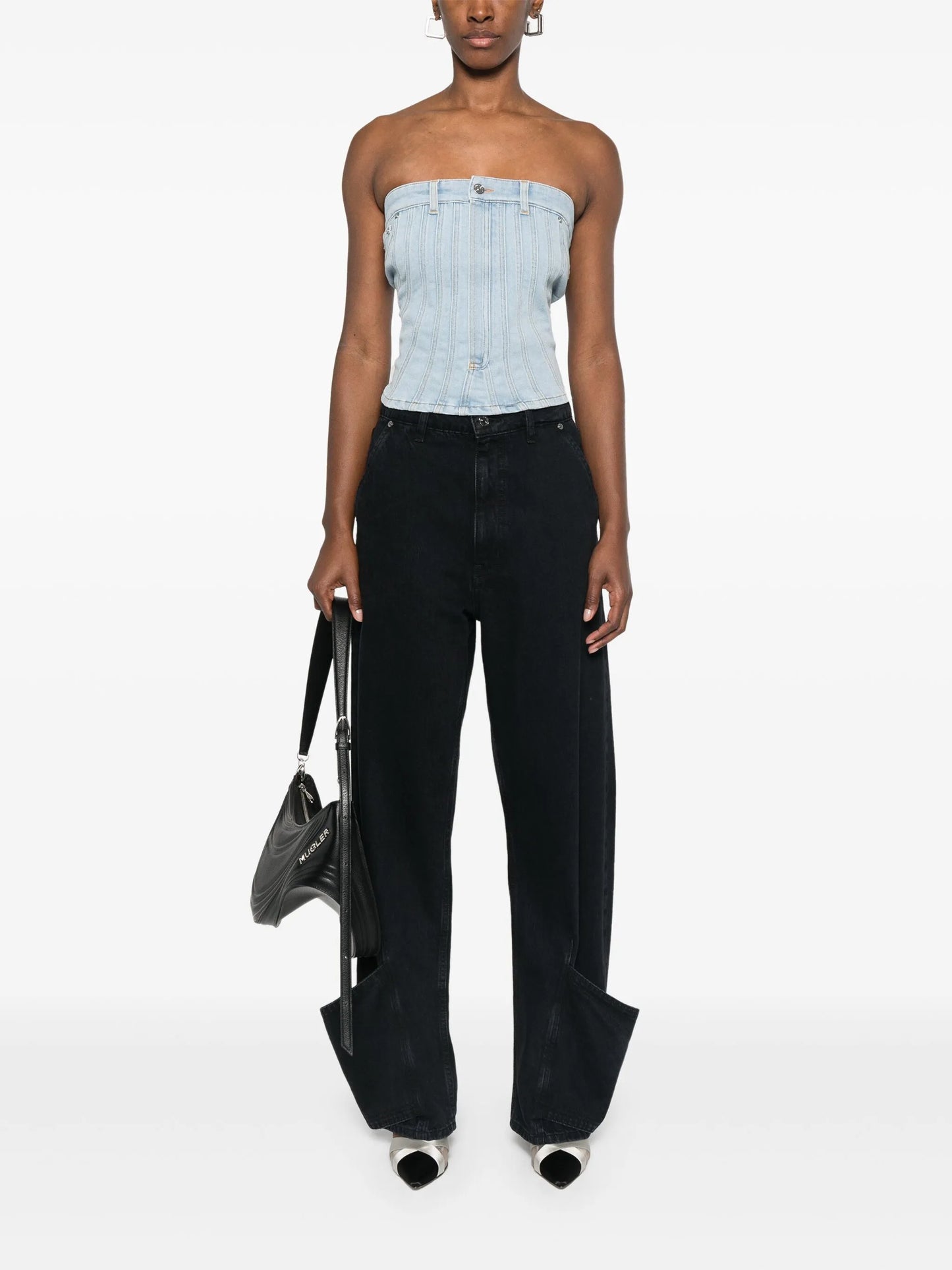 denim stitch-detailed top