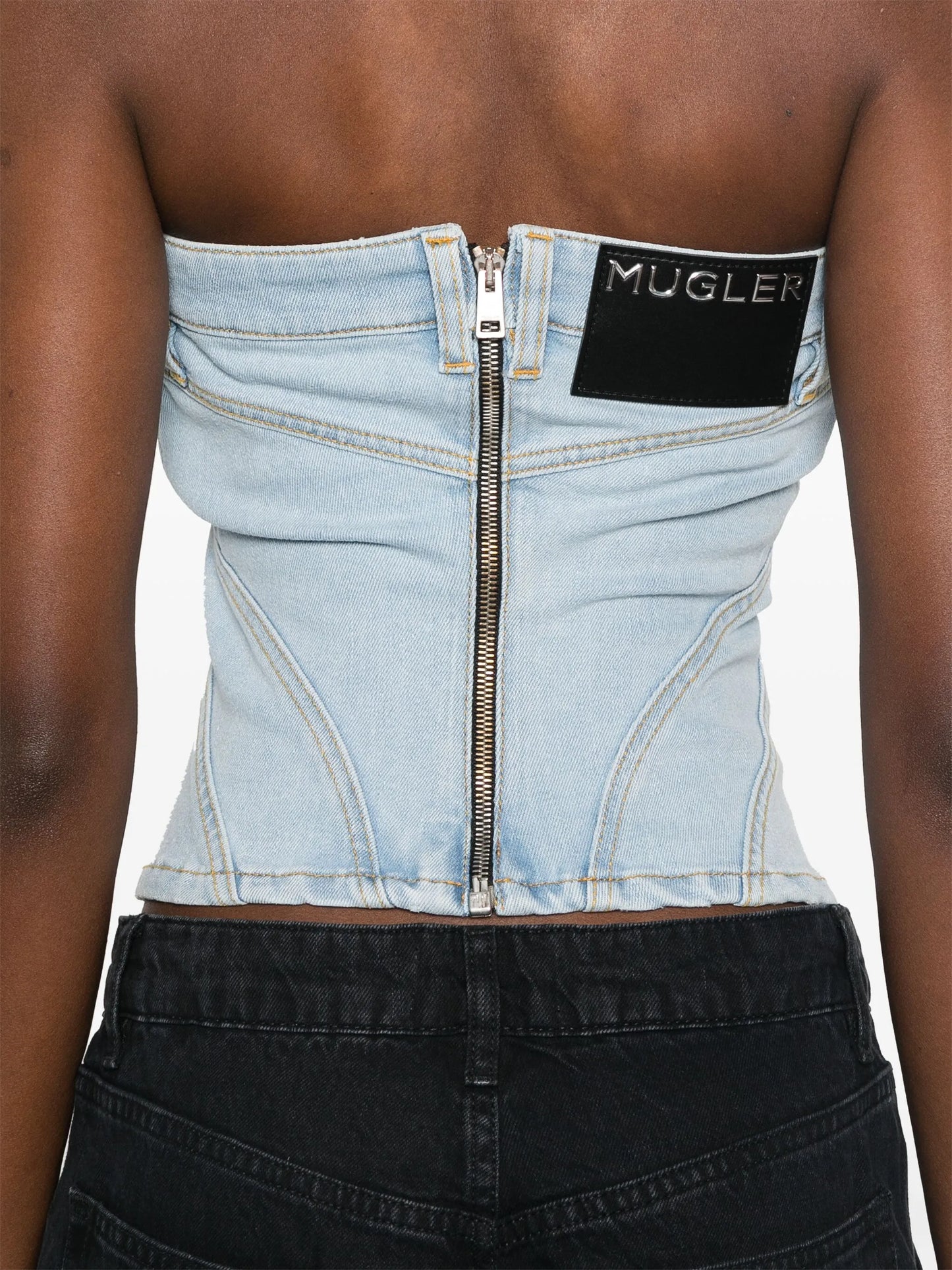 denim stitch-detailed top