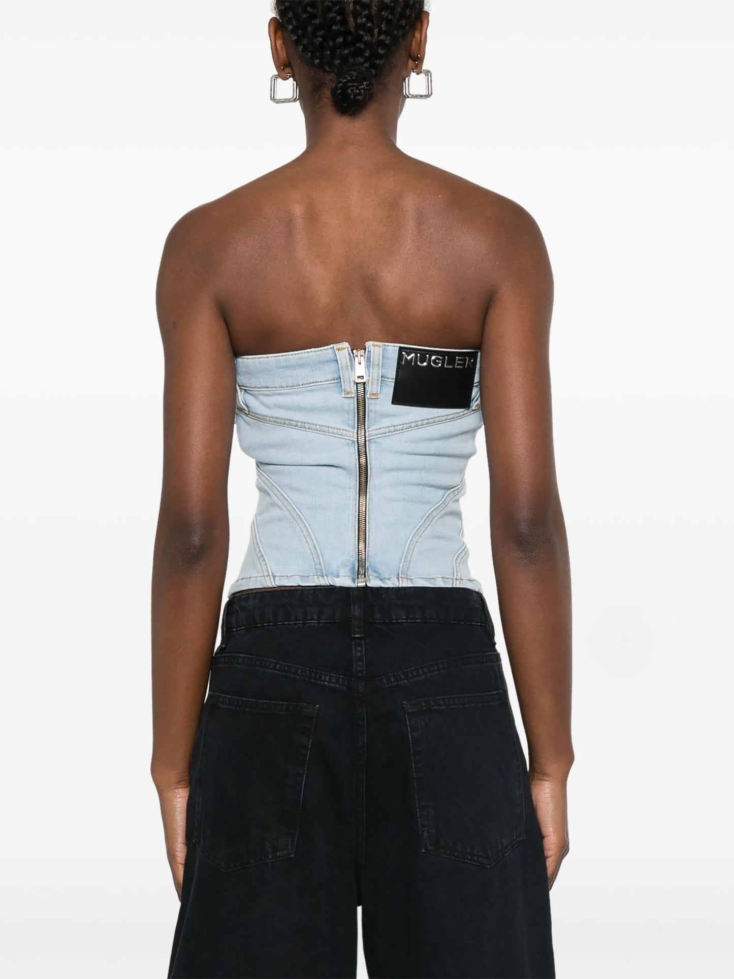 denim stitch-detailed top