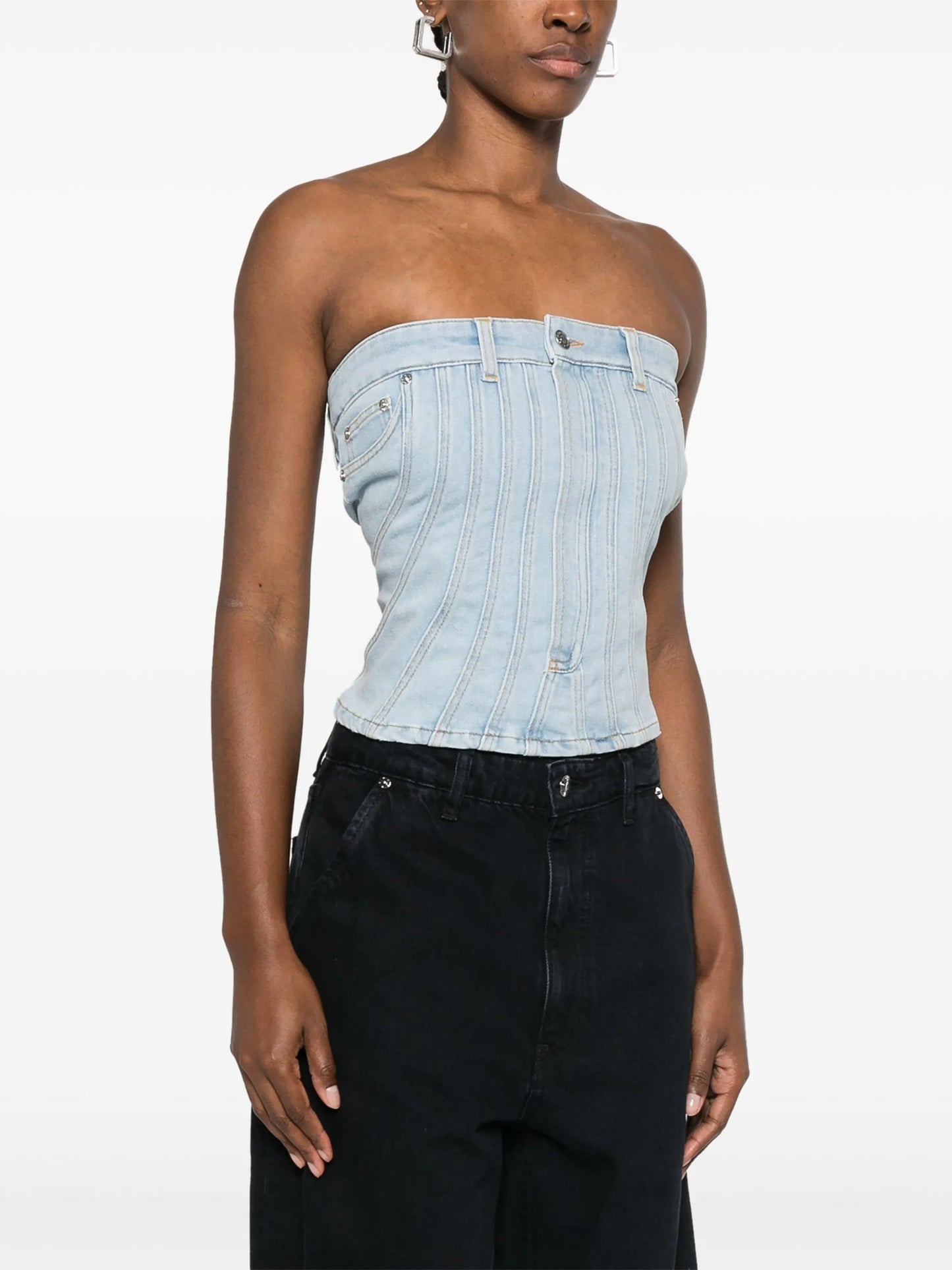 denim stitch-detailed top
