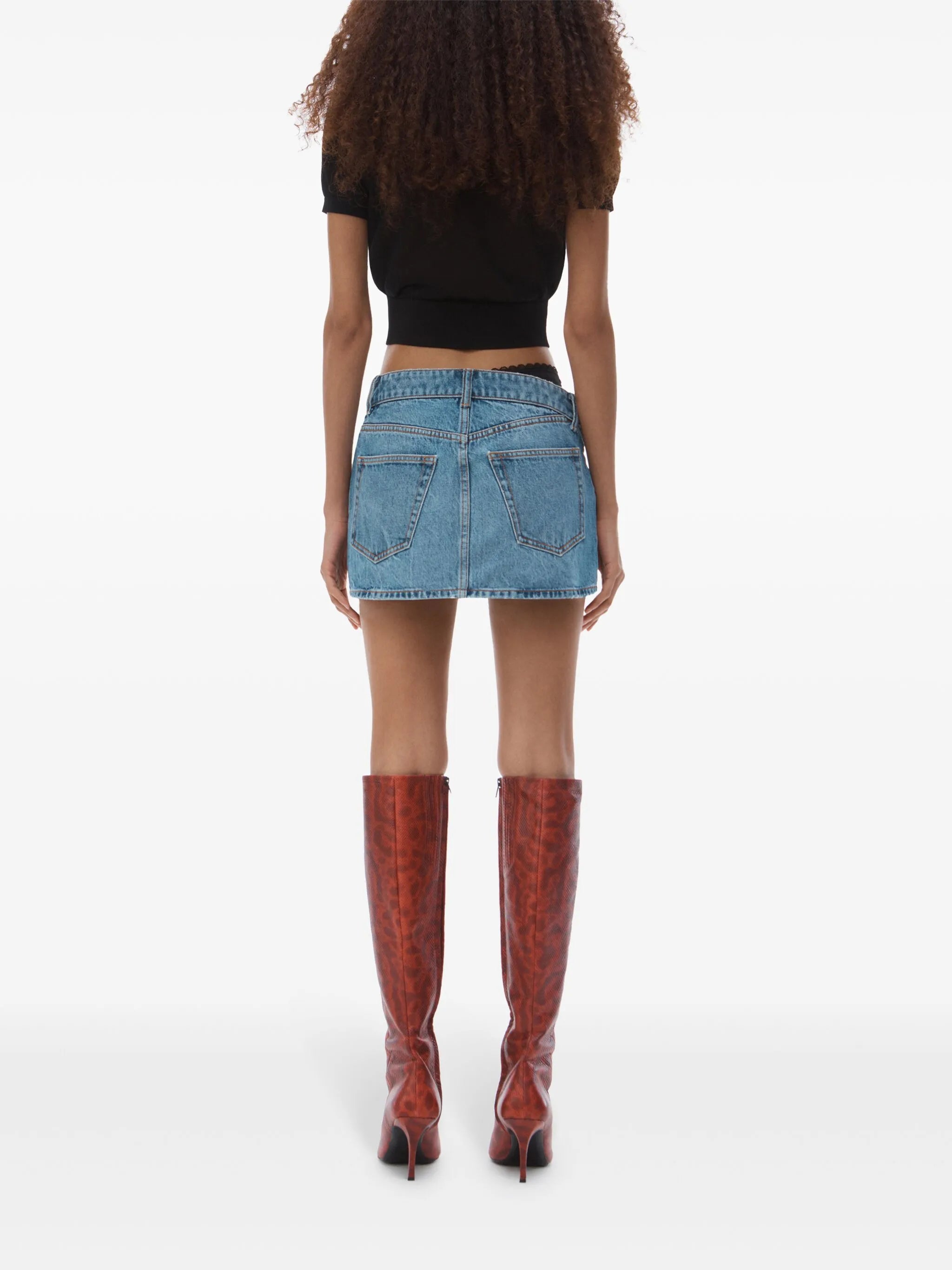 asymmetric lace-detail denim skirt