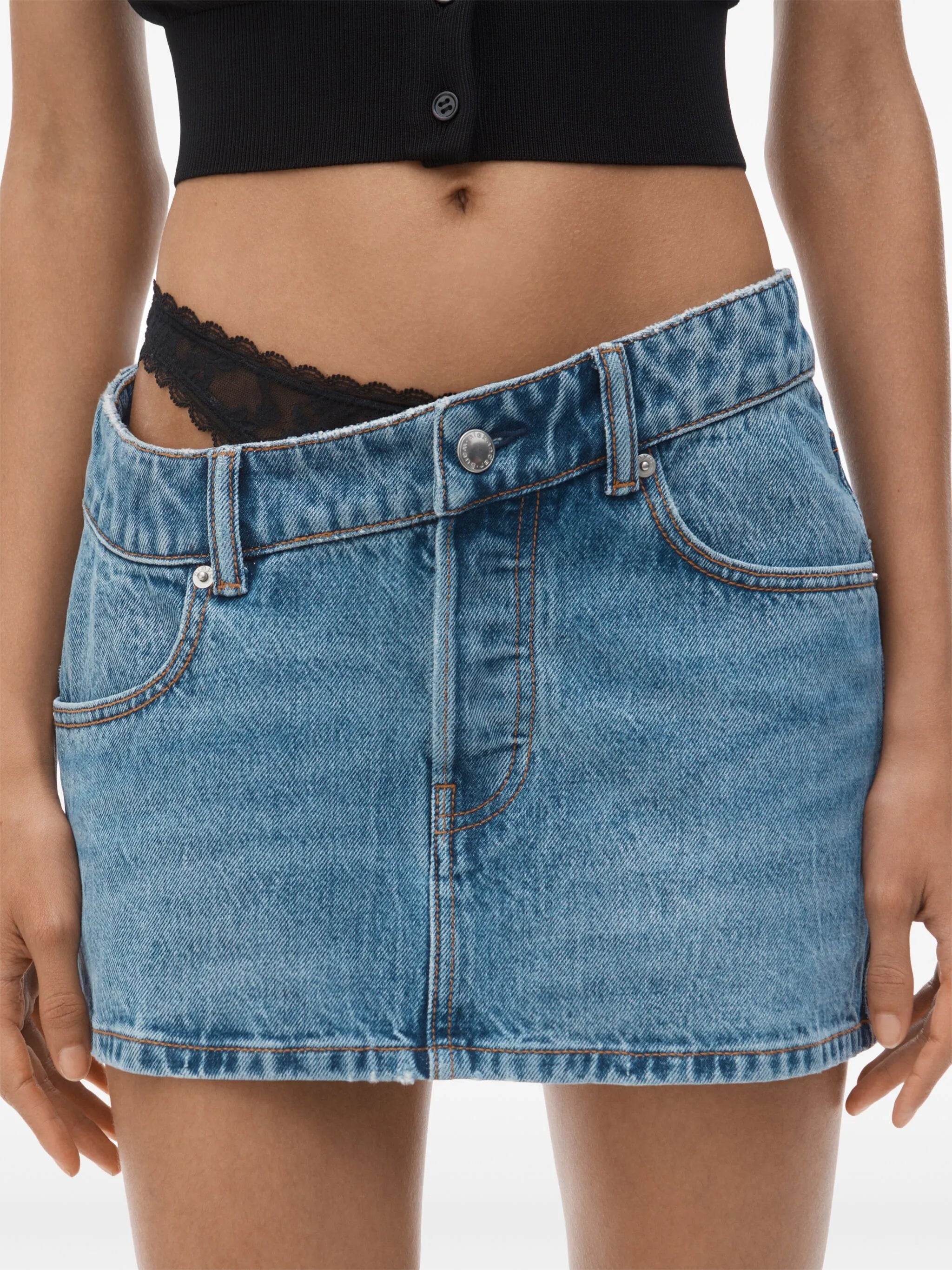 asymmetric lace-detail denim skirt