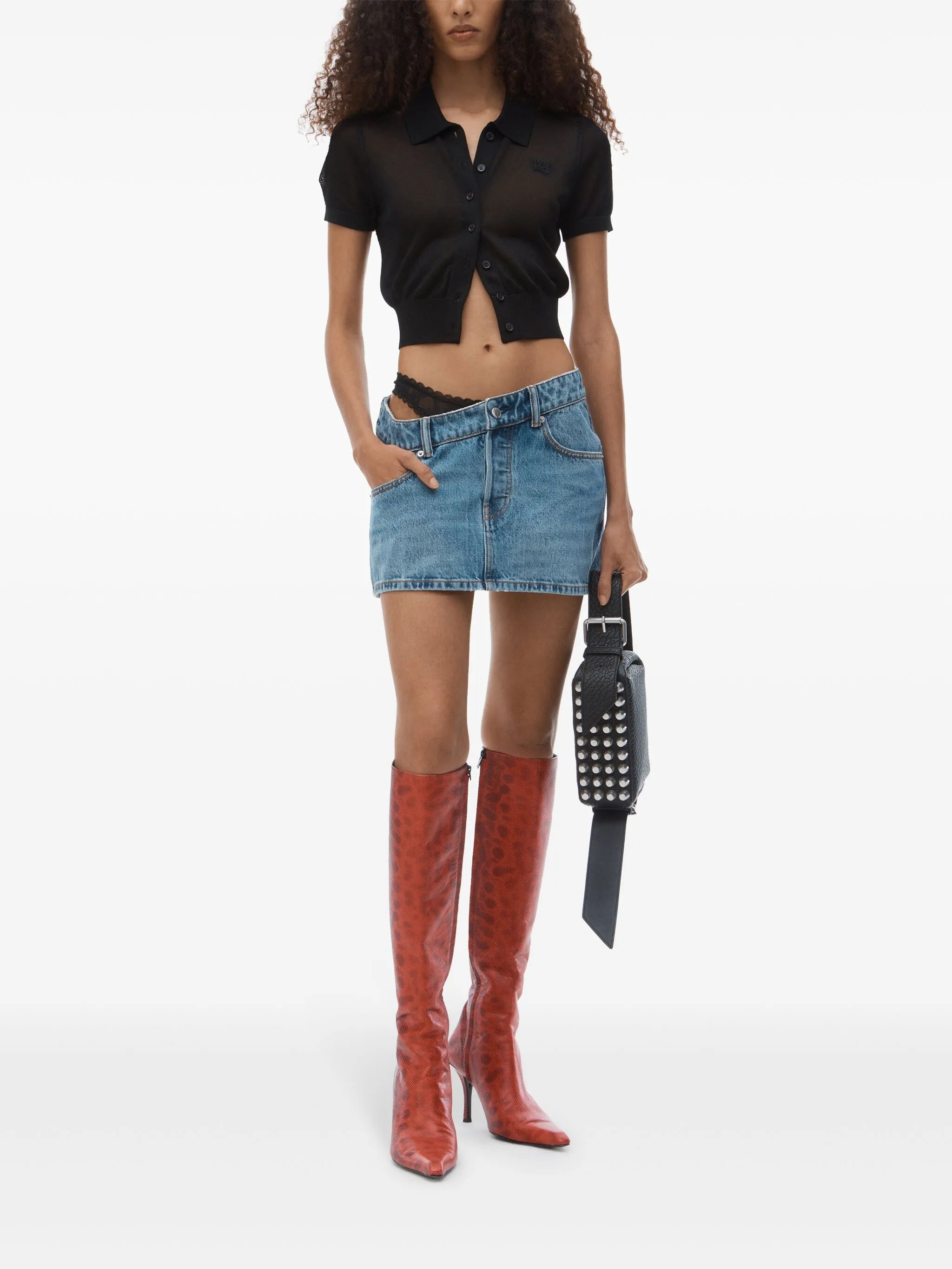 asymmetric lace-detail denim skirt