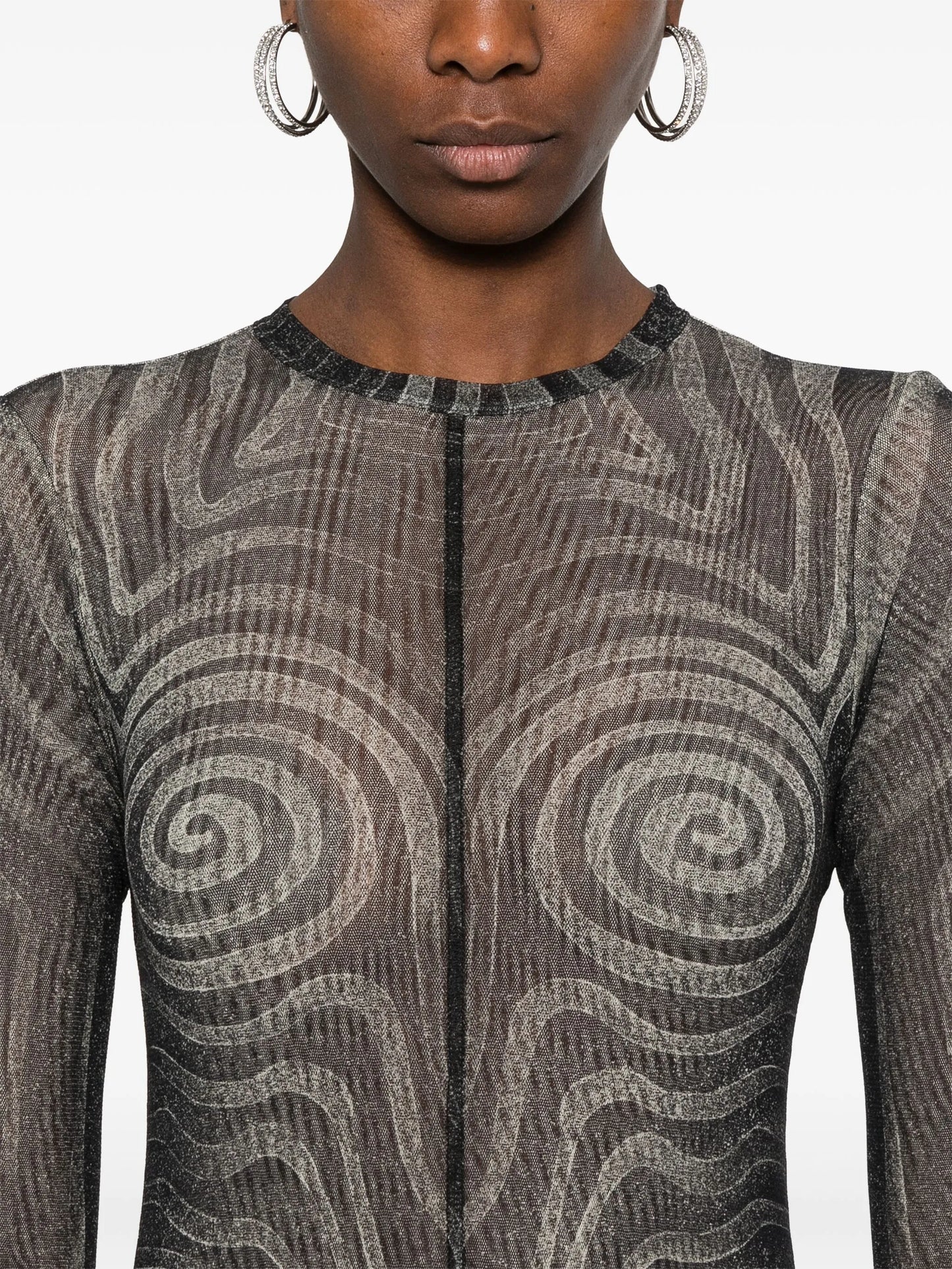 spiral-print mesh maxi dress