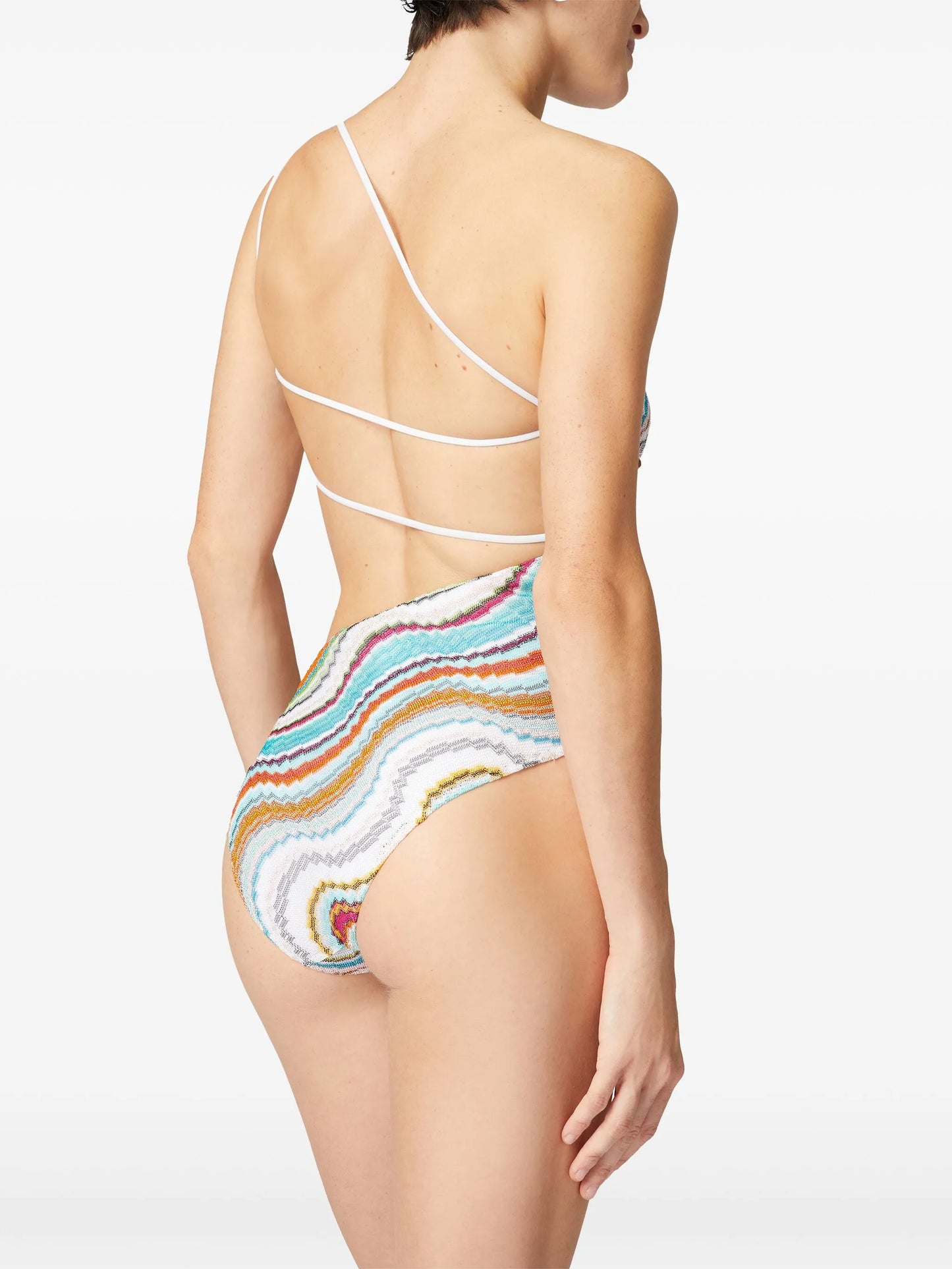 one-shoulder one-piece swimsuit with lamé wave motif and cut-out detail
