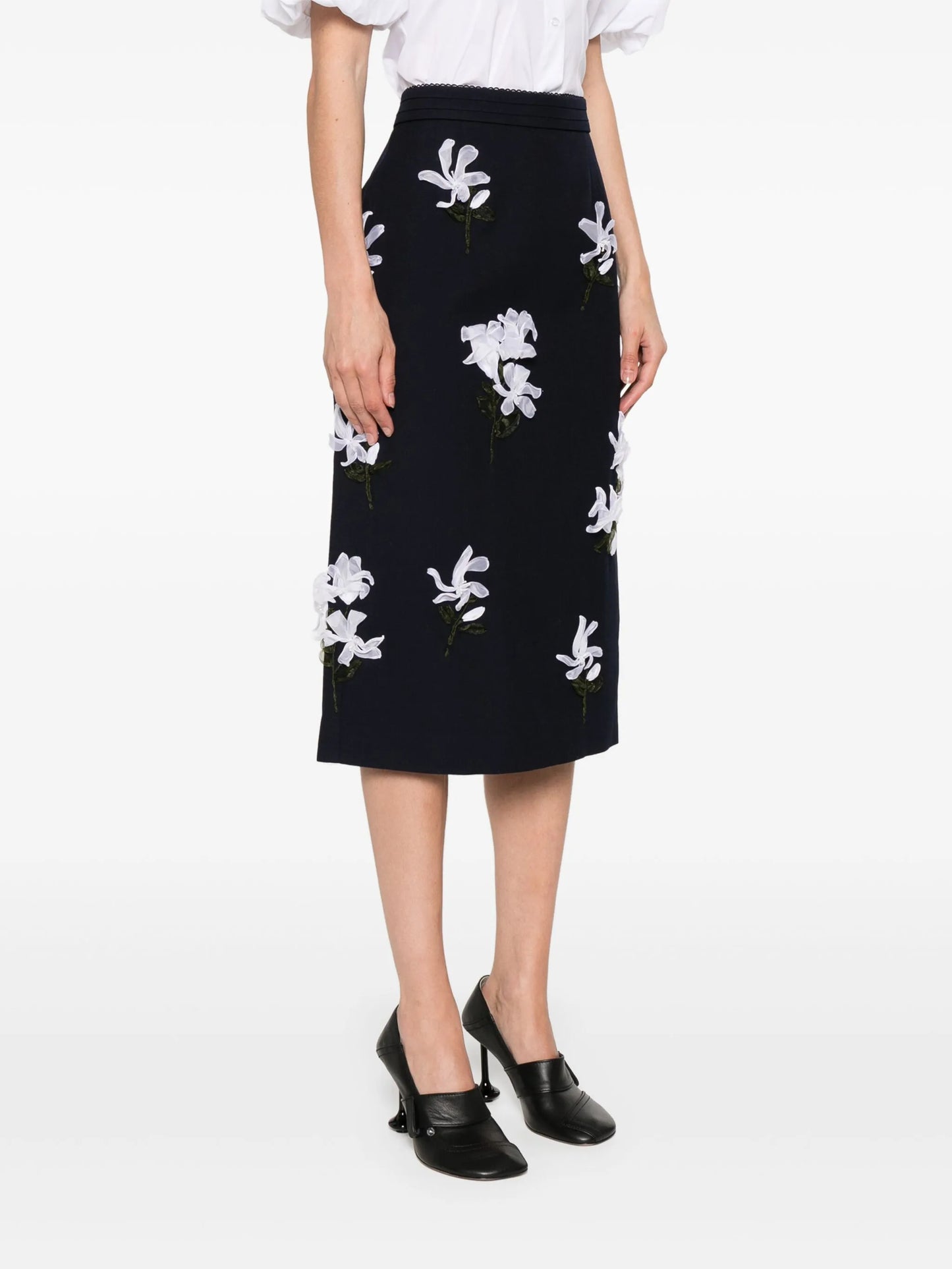 floral-appliqué midi skirt