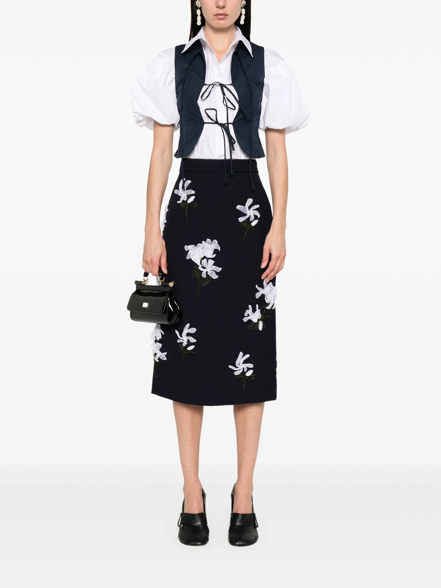 floral-appliqué midi skirt