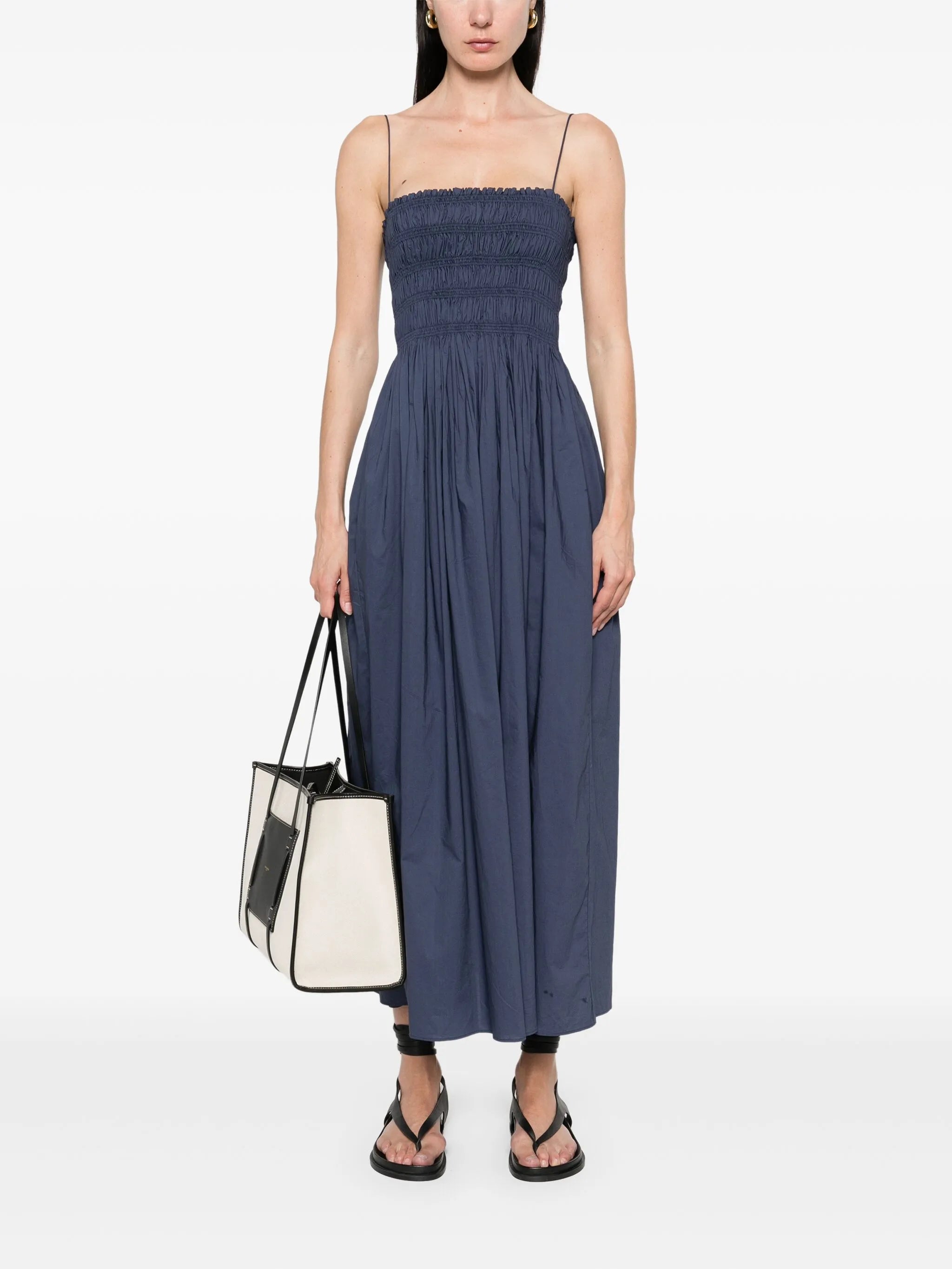 shirred-bodice midi dress