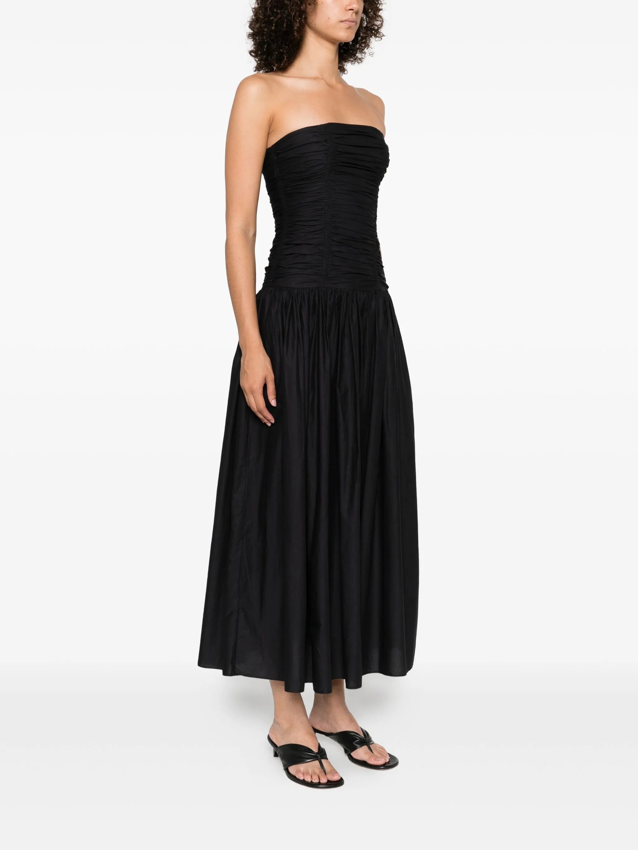 drop-waist strapless midi dress