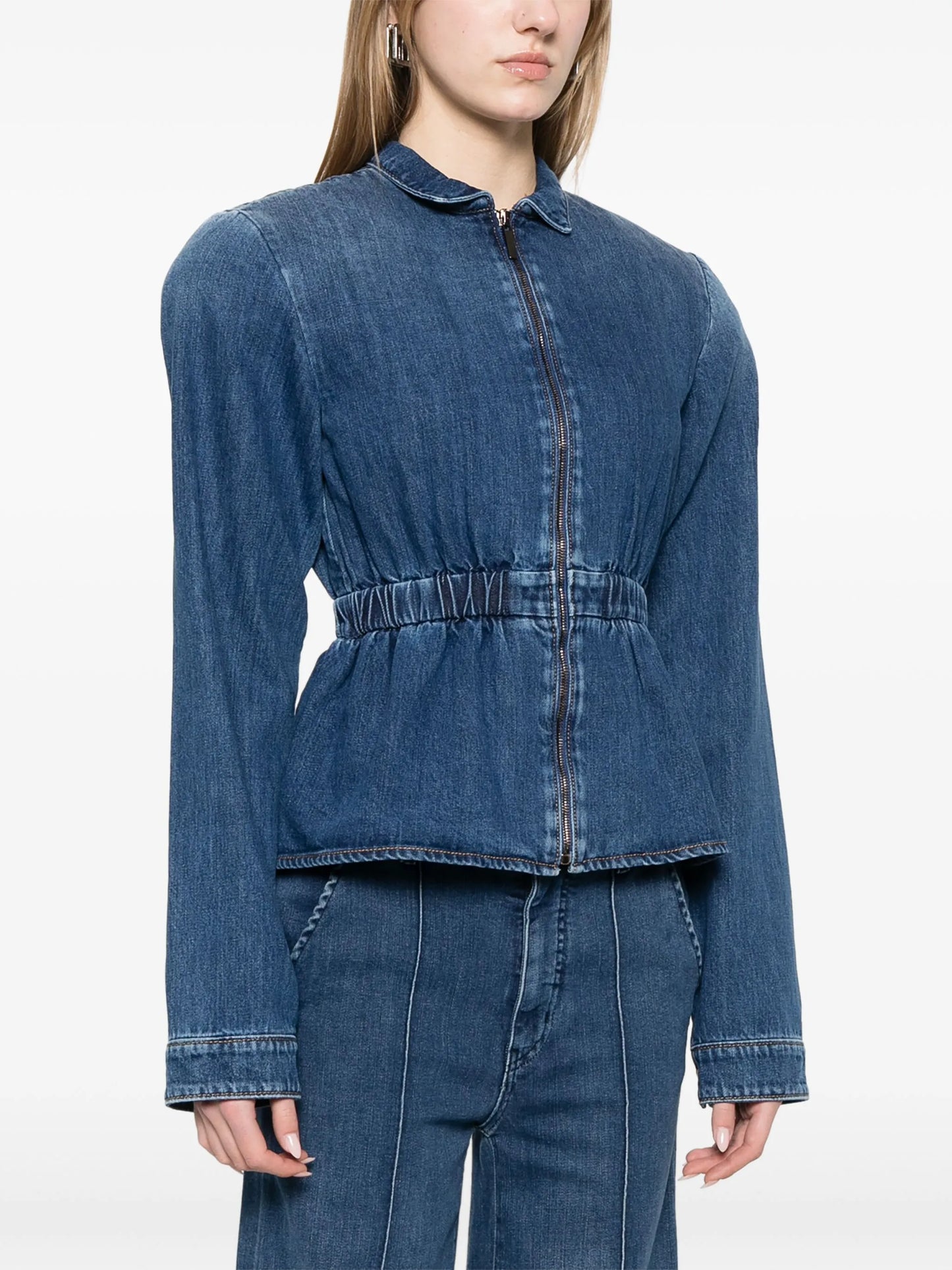 gathered-waist denim jacket