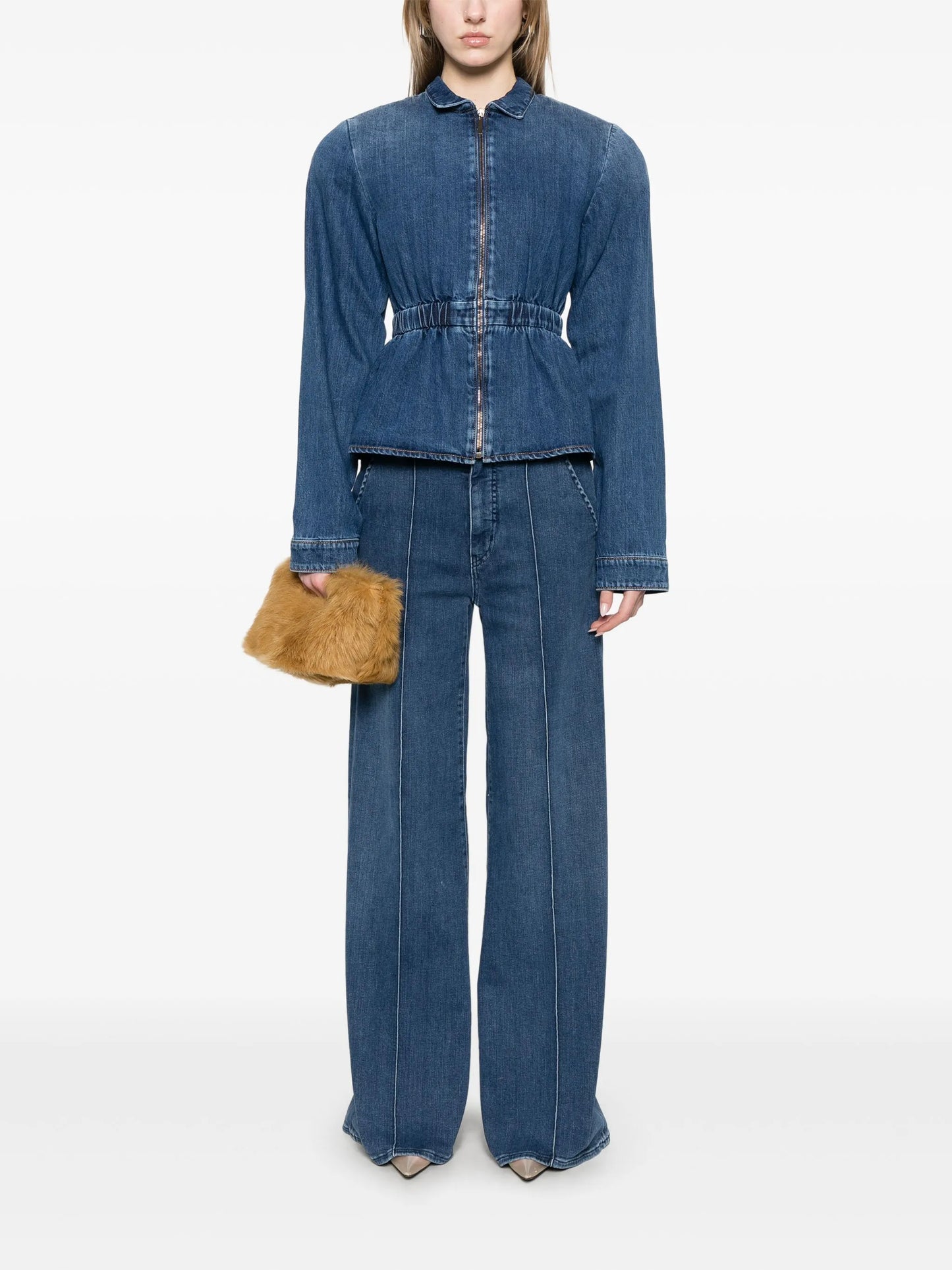 gathered-waist denim jacket