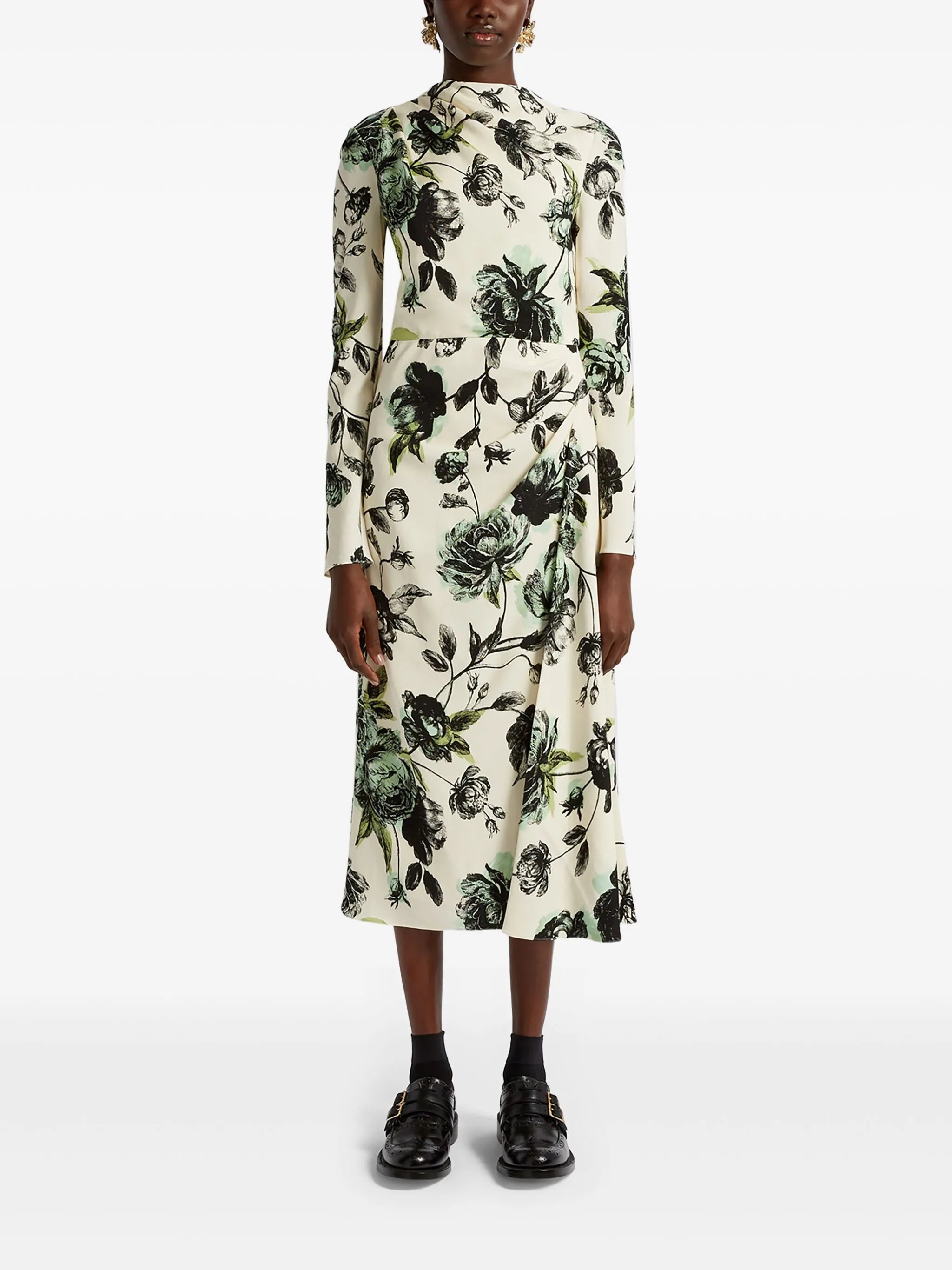 draped long-sleeve midi dress